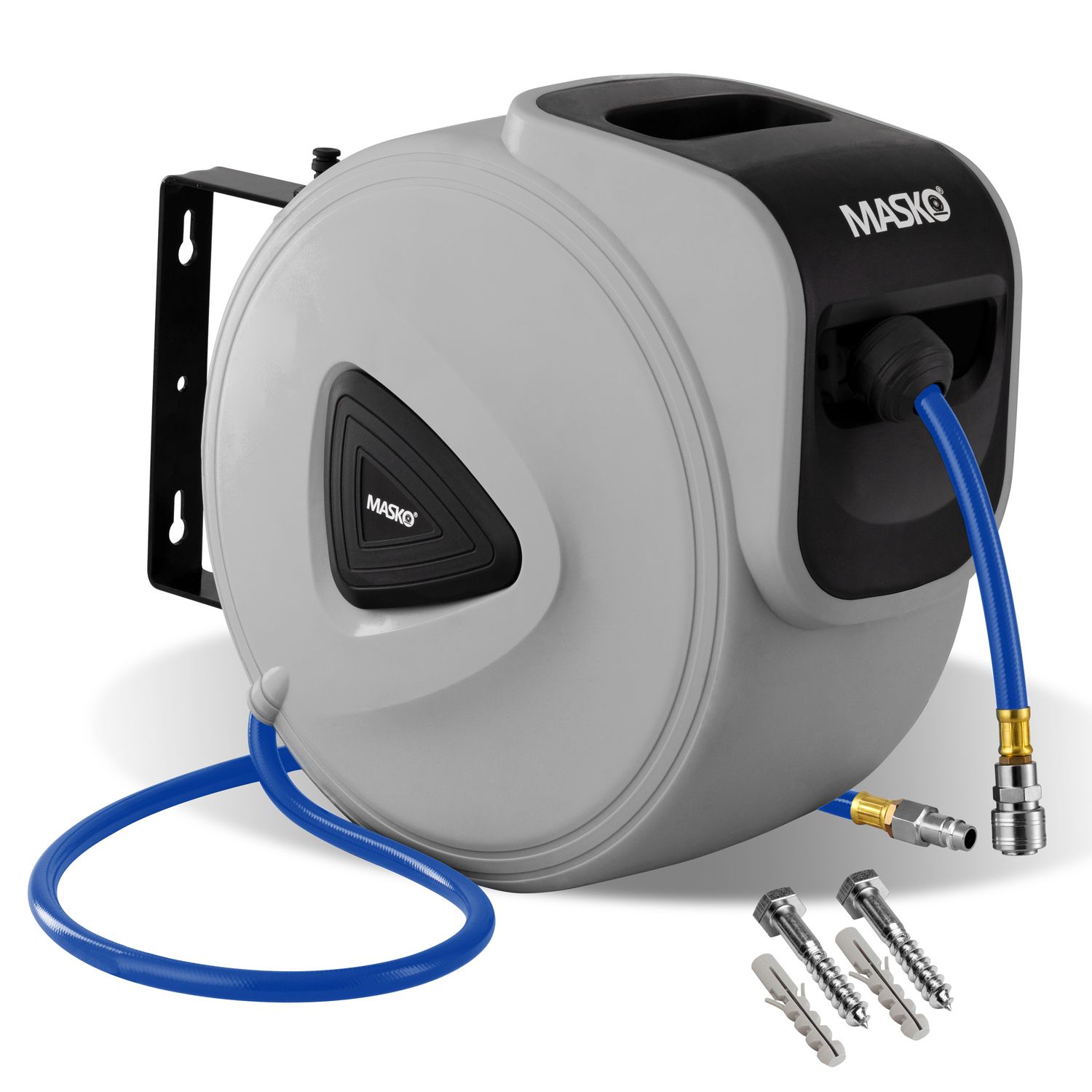 MASKO&reg; Automatik Druckluftschlauch Aufroller &ndash; Schlauchtrommel mit 1/4" Anschluss, Schlauchaufroller, Wandhalterung, Tragegriff, 180&deg; schwenkbar, Schlauchbremse, vormontiert & sofort einsatzbereit 