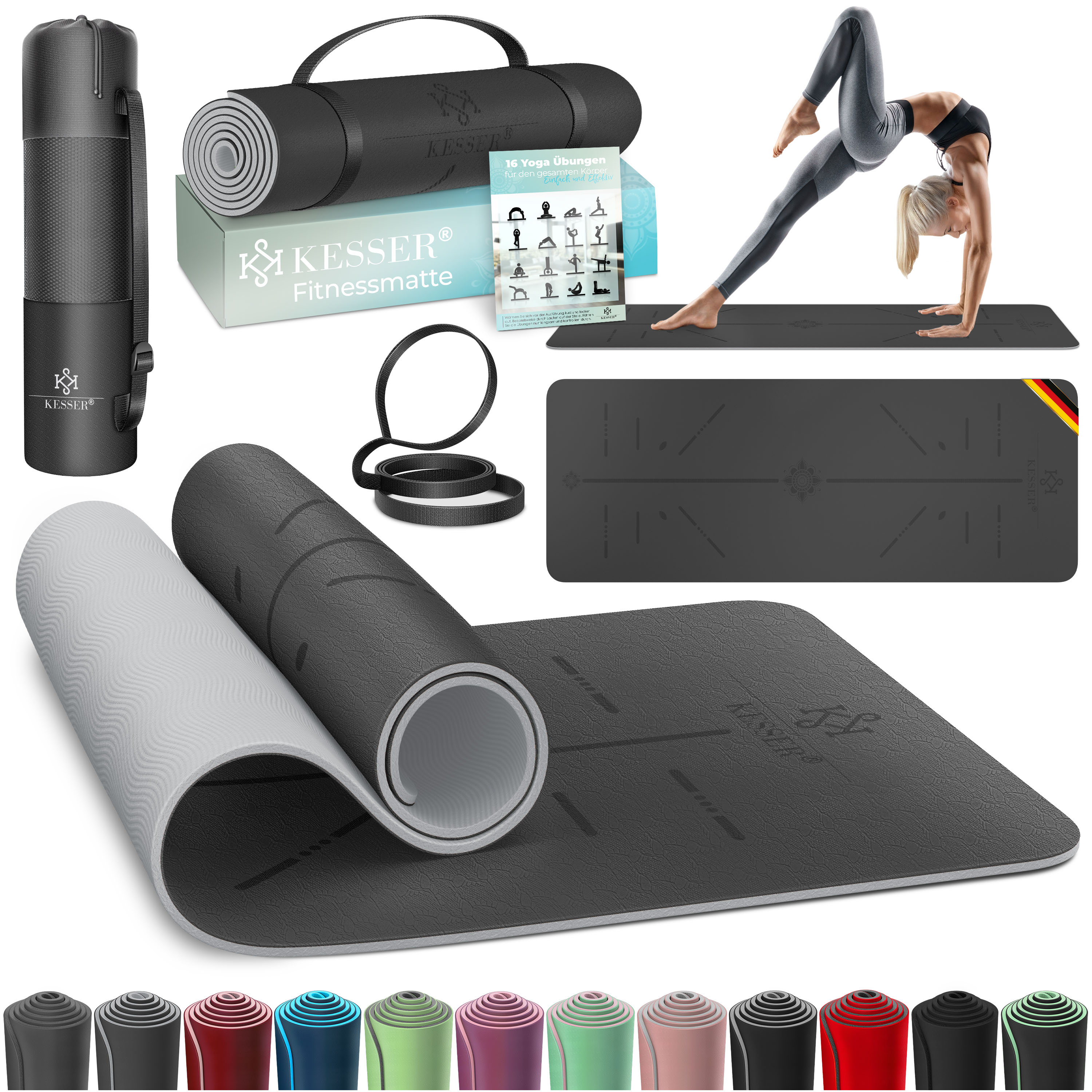 KESSER&reg; Gymnastikmatte mit Tragegurt rutschfest TPE Yogamatte Gepolstert & rutschfest Fitnessmatte , 183 x 61  Trainingsmatte f&uuml;r Fitness Sportmatte, Pilates & Gymnastik Workout extradick 