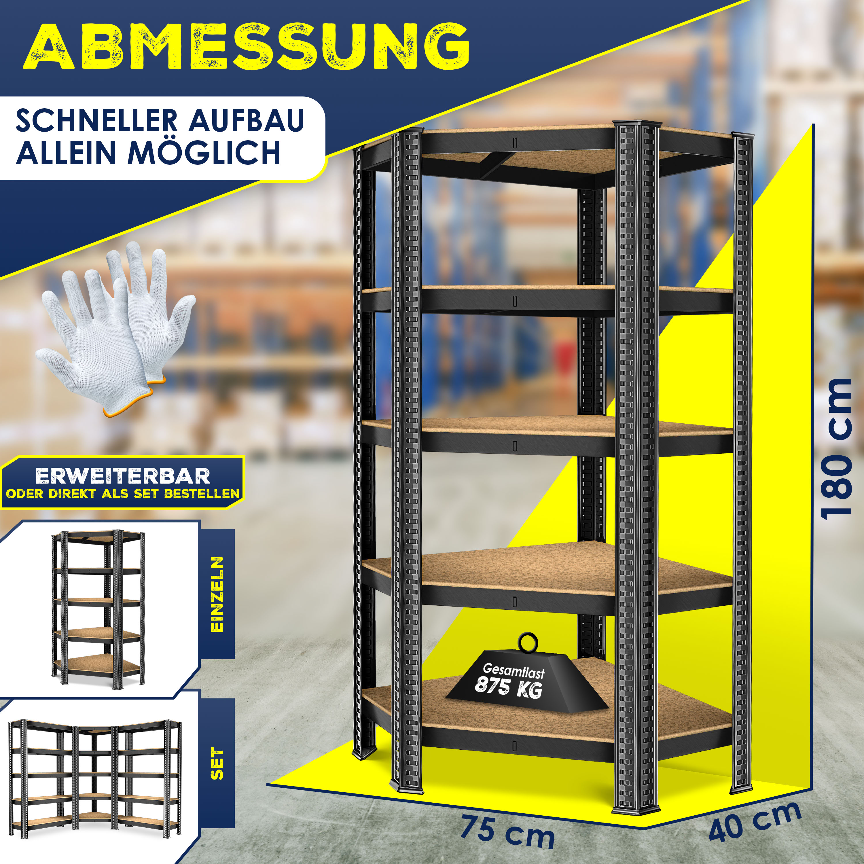 MASKO® Eckregal Lagerregal Schwerlastregal, Kellerregal, 180x75x40cm , bis 875 kg, 5 verstellbare Ablagen, MDF-Platten Regal aus Metall, Steckregal, Werkstattregal, Keller, Garage bei Marktkauf online bestellen