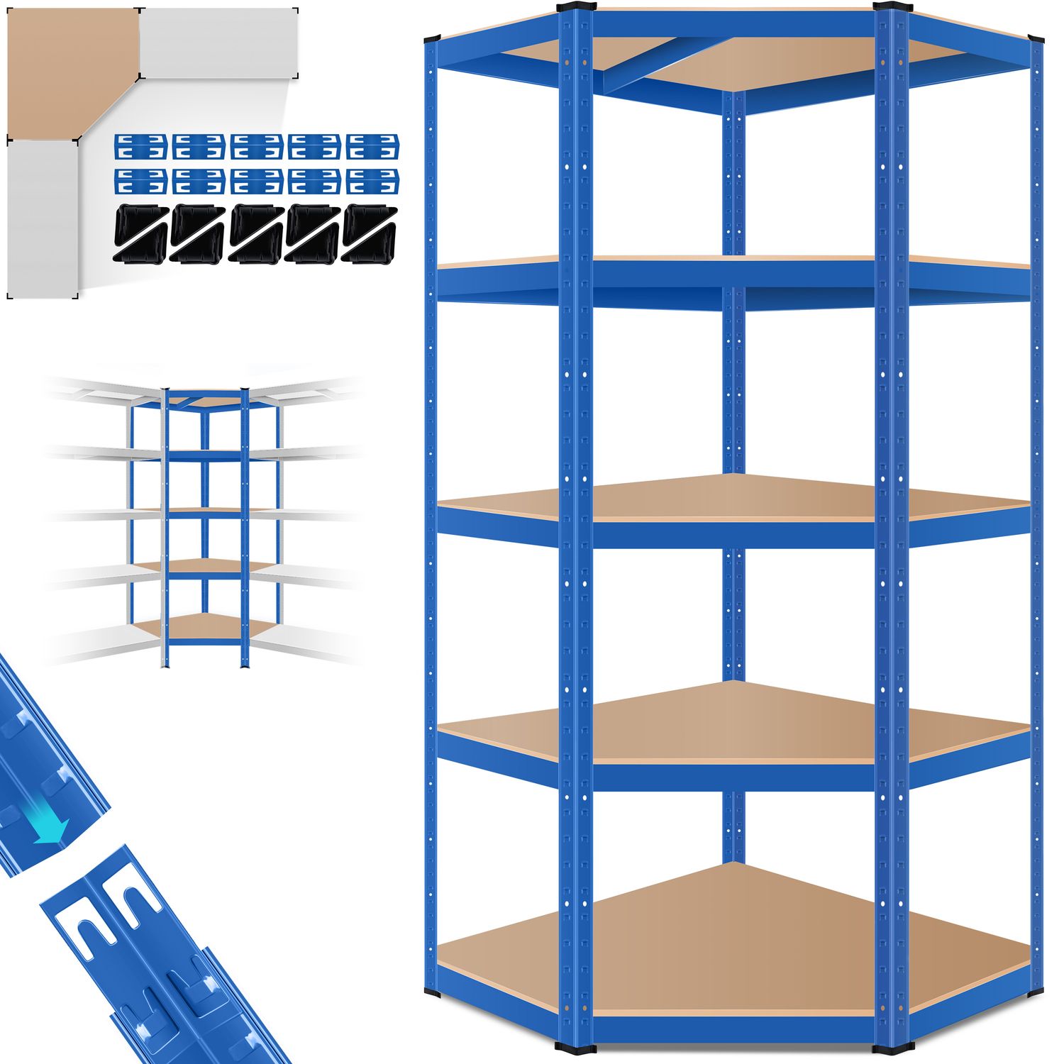 MASKO&reg; Eckregal Lagerregal Schwerlastregal, Kellerregal, 180x75x40cm , bis 875 kg, 5 verstellbare Ablagen, MDF-Platten Regal aus Metall, Steckregal, Werkstattregal, Keller, Garage 