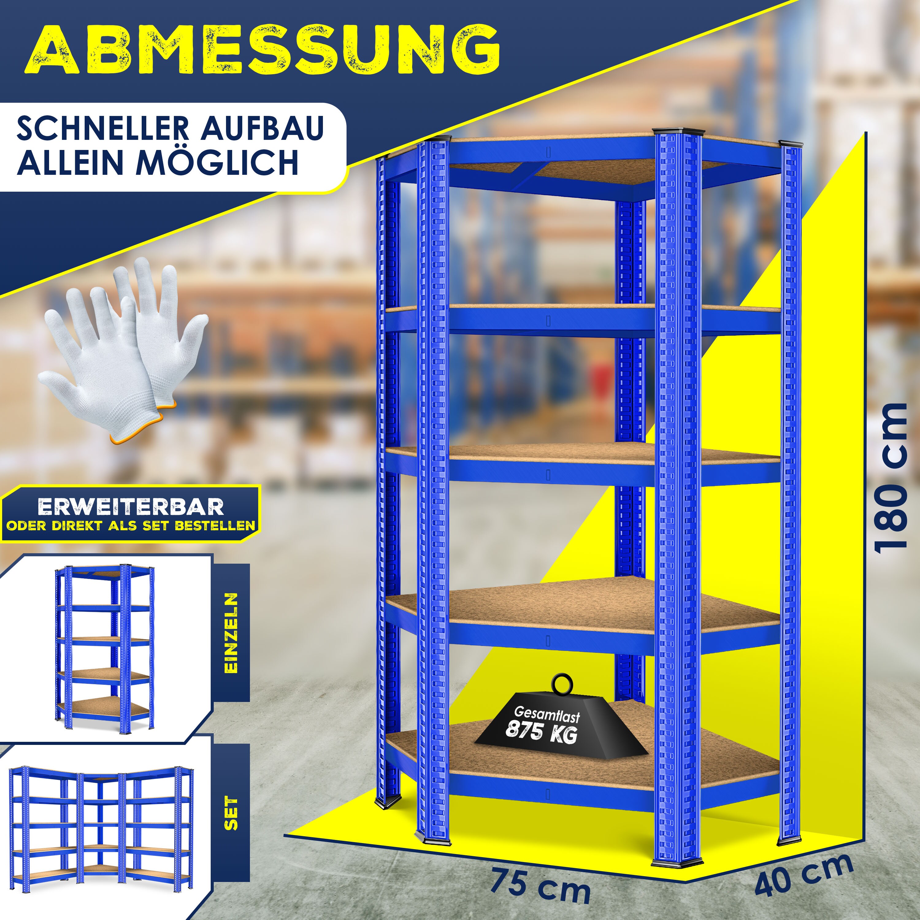 MASKO® Eckregal Lagerregal Schwerlastregal, Kellerregal, 180x75x40cm , bis 875 kg, 5 verstellbare Ablagen, MDF-Platten Regal aus Metall, Steckregal, Werkstattregal, Keller, Garage bei Marktkauf online bestellen