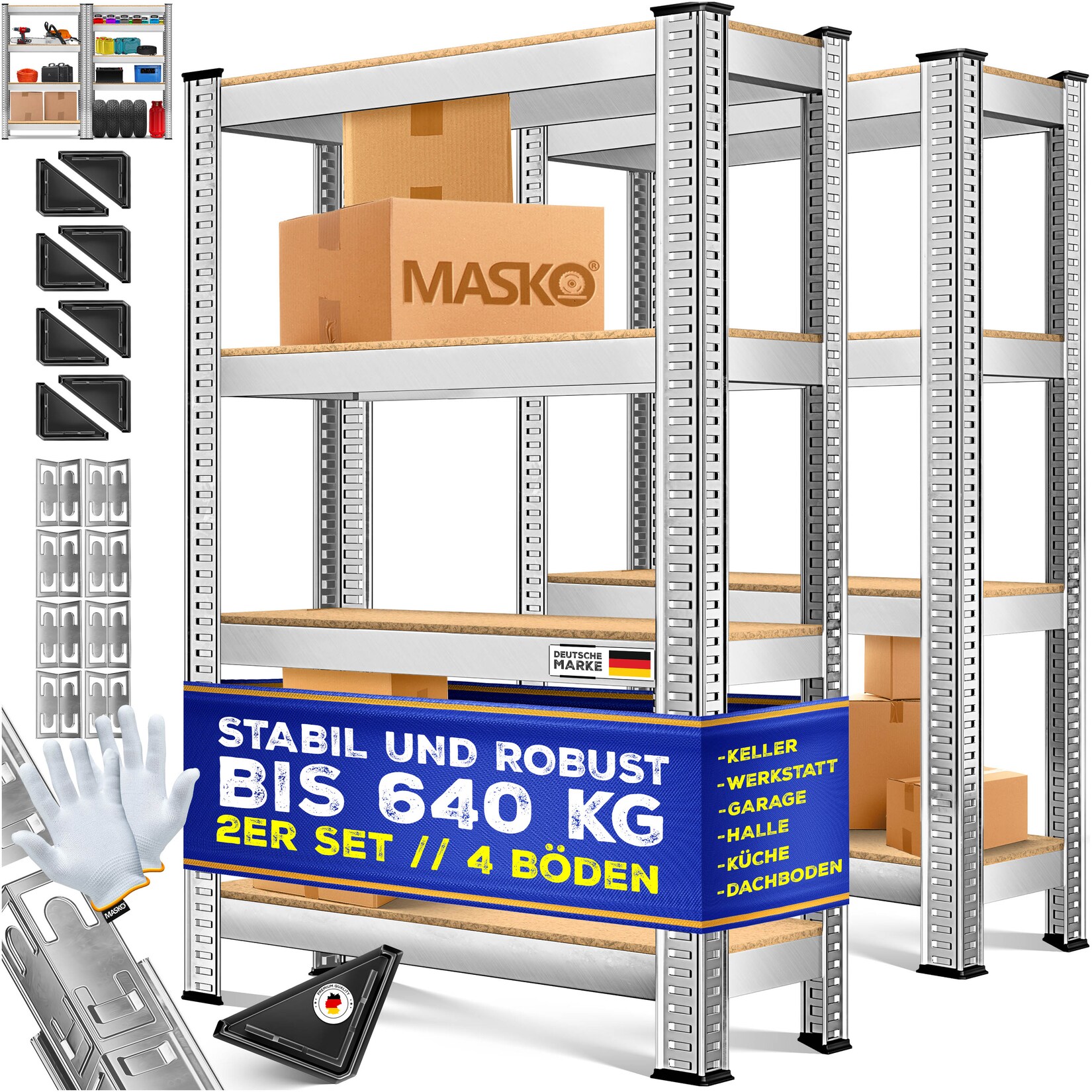 ® 2er-Set Lagerregal Schwerlastregal, Kellerregal, verstellbare Ablagen, MDF-Platten Regal aus Metall, Steckregal, Werkstattregal, Keller, Garage