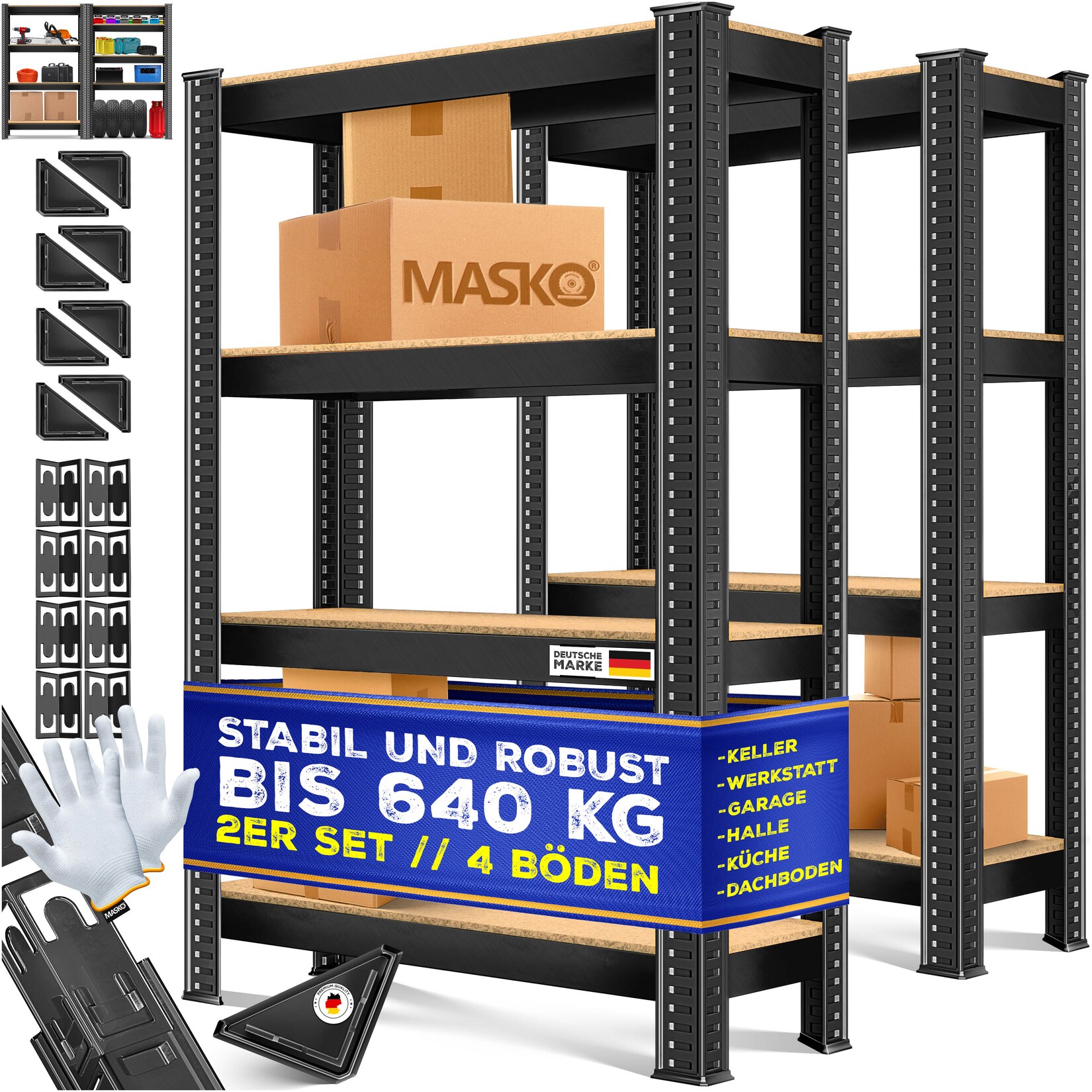 ® 2er-Set Lagerregal Schwerlastregal, Kellerregal, verstellbare Ablagen, MDF-Platten Regal aus Metall, Steckregal, Werkstattregal, Keller, Garage