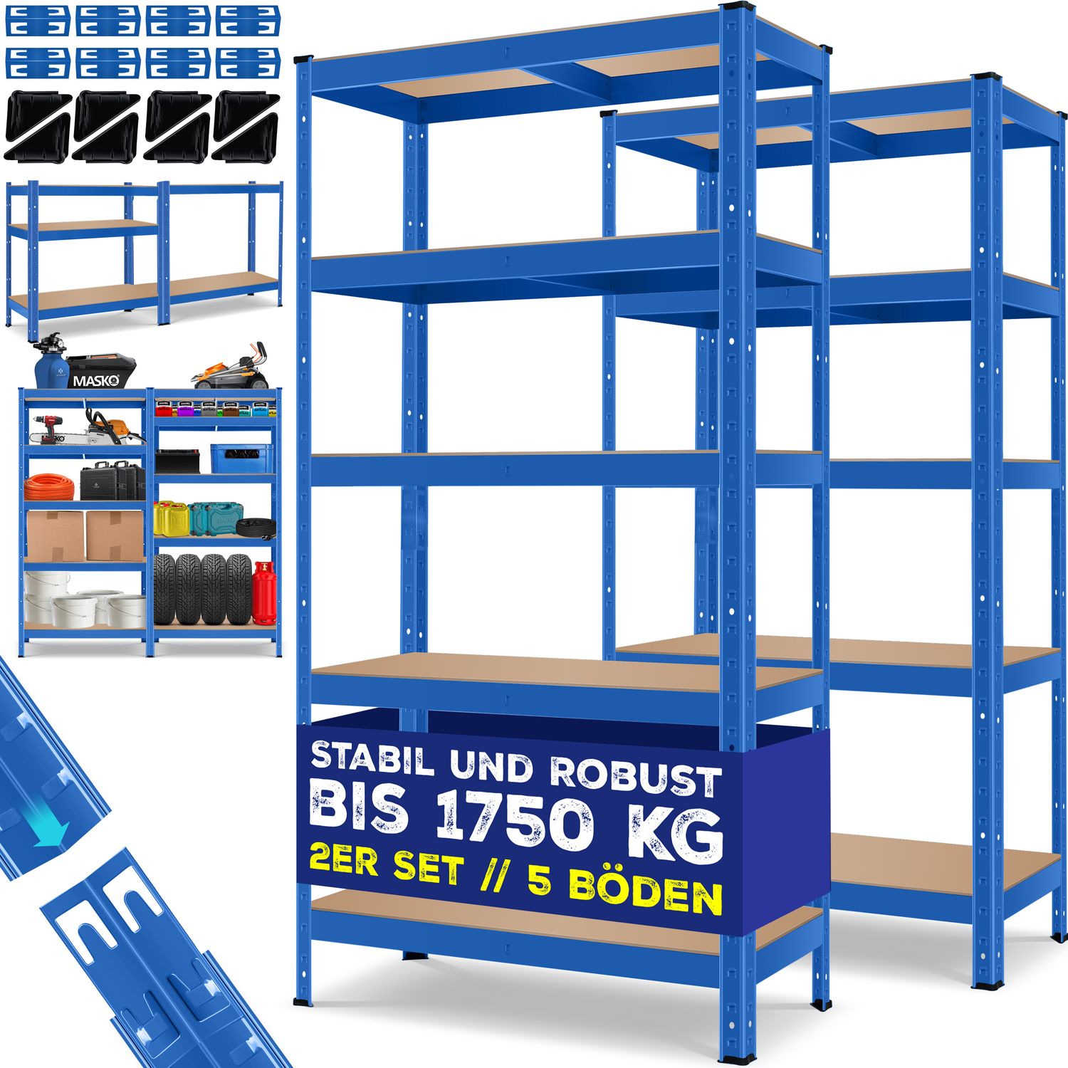 MASKO&reg; 2er-Set Lagerregal Schwerlastregal, Kellerregal, verstellbare Ablagen, MDF-Platten Regal aus Metall, Steckregal, Werkstattregal, Keller, Garage 