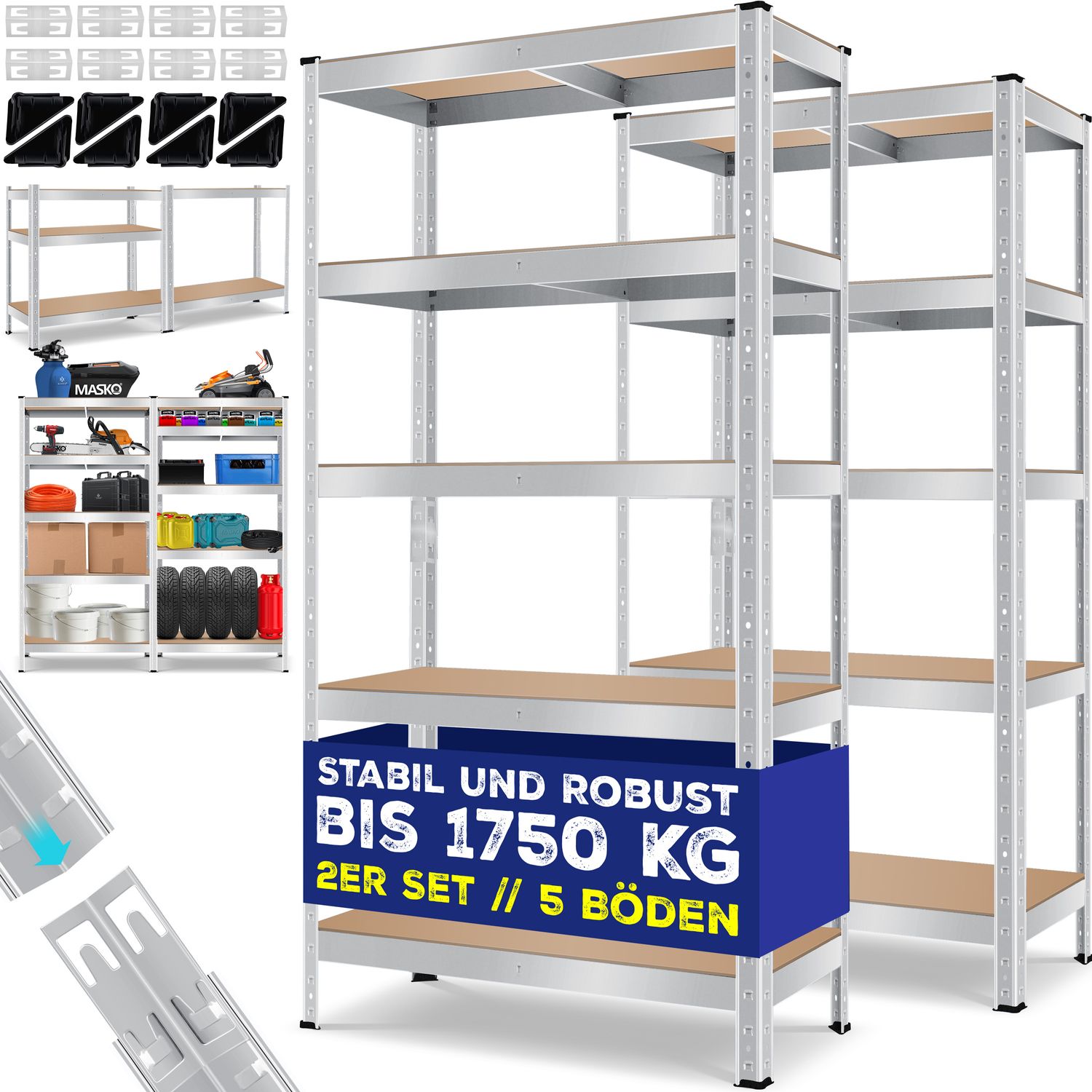 MASKO&reg; 2er-Set Lagerregal Schwerlastregal, Kellerregal, verstellbare Ablagen, MDF-Platten Regal aus Metall, Steckregal, Werkstattregal, Keller, Garage 