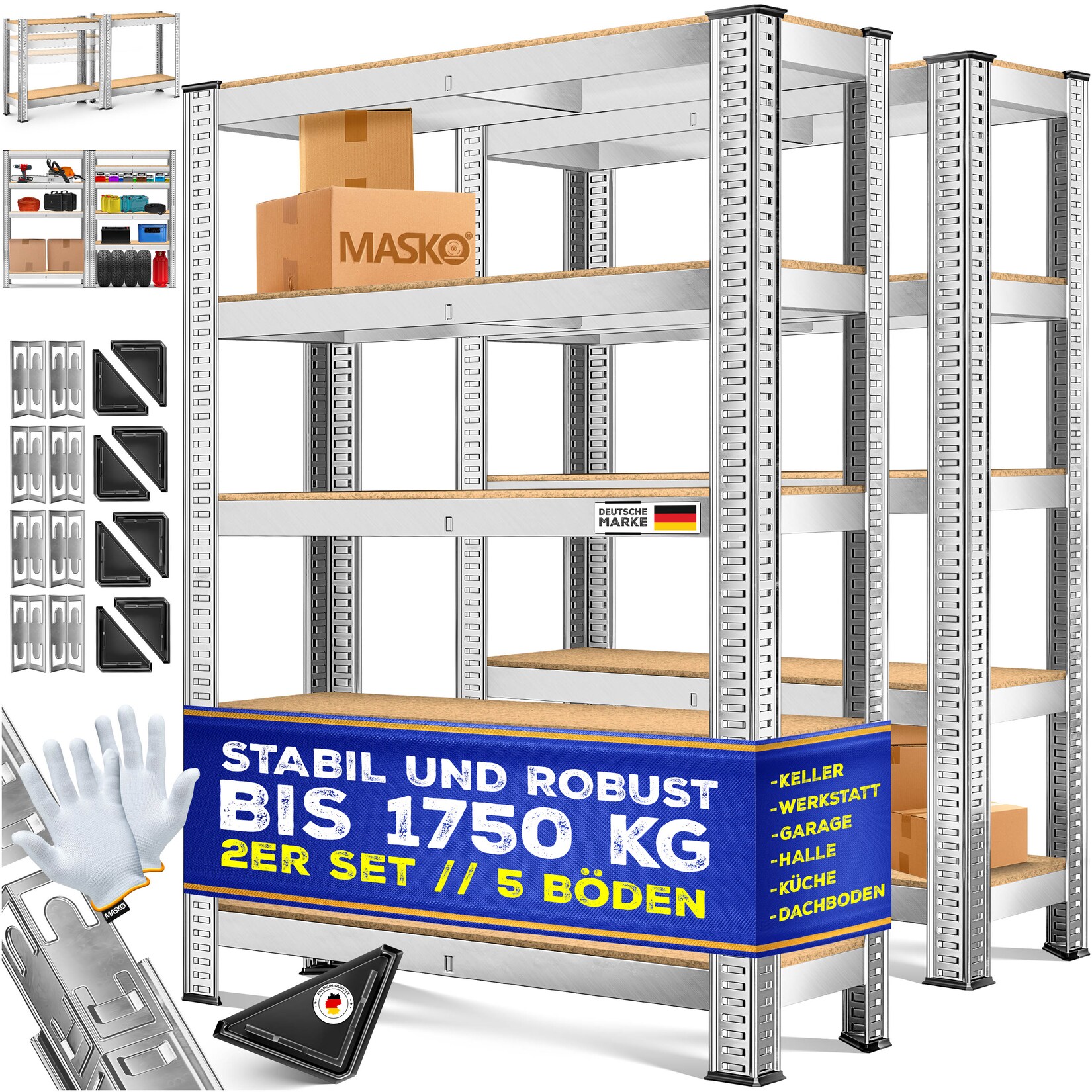 ® 2er-Set Lagerregal Schwerlastregal, Kellerregal, verstellbare Ablagen, MDF-Platten Regal aus Metall, Steckregal, Werkstattregal, Keller, Garage