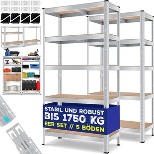 MASKO® 2er-Set Lagerregal Schwerlastregal, Kellerregal , bis 875 kg belastbar, 5 verstellbare Ablagen, MDF-Platten Regal aus Metall, Steckregal, Werkstattregal, Keller, Garage 