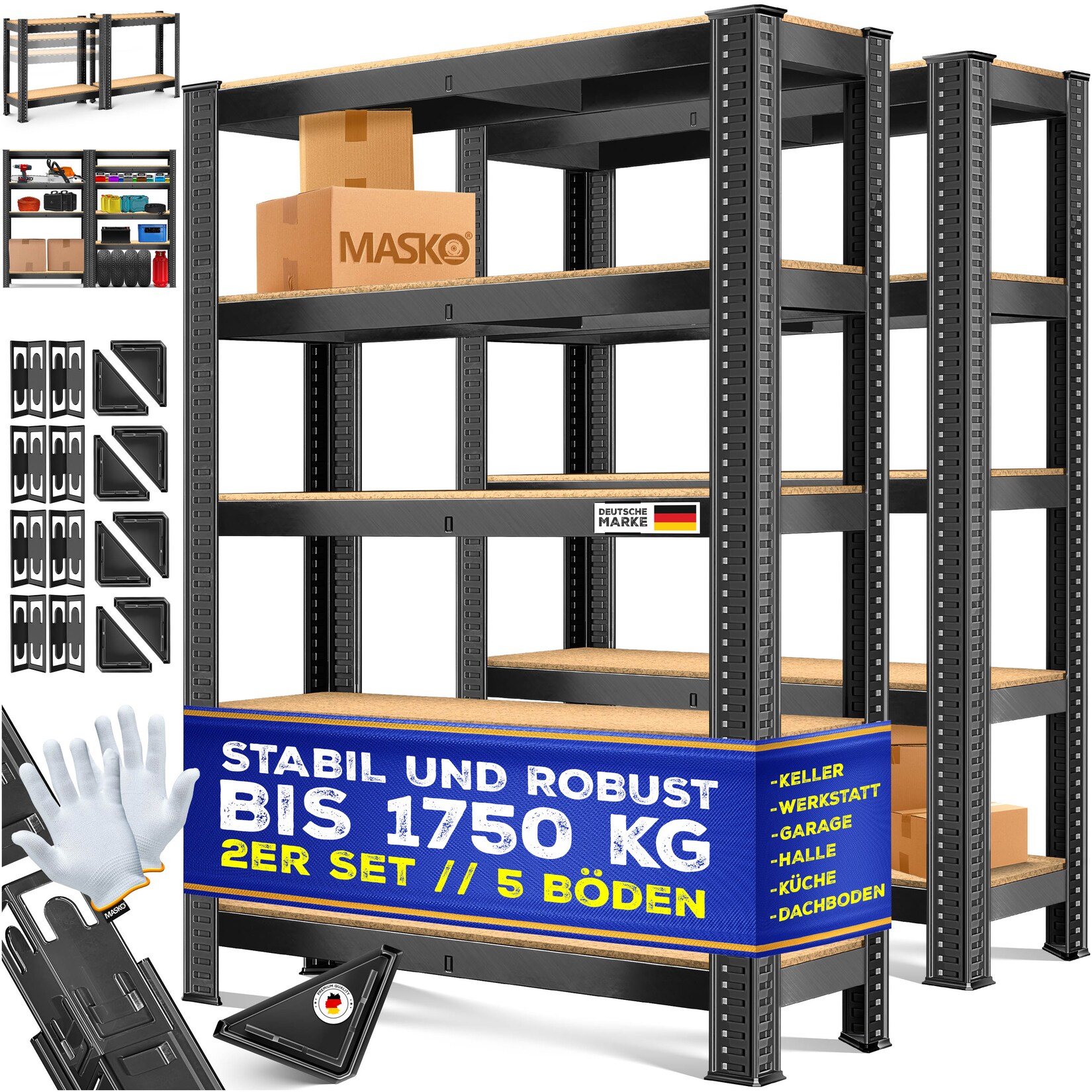® 2er-Set Lagerregal Schwerlastregal, Kellerregal, verstellbare Ablagen, MDF-Platten Regal aus Metall, Steckregal, Werkstattregal, Keller, Garage