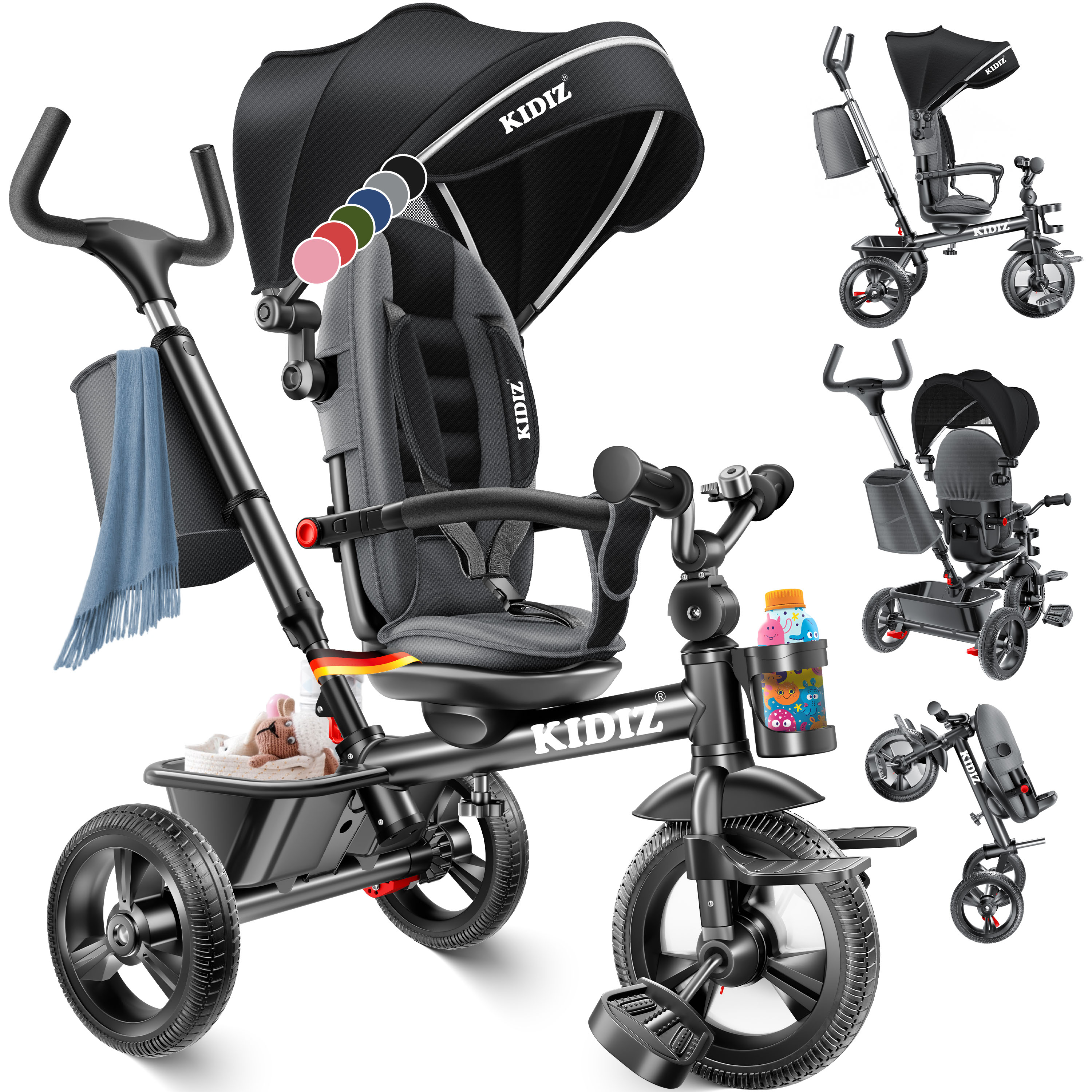 KIDIZ&reg; Dreirad 5in1 Kinderdreirad mit Schubstange Lenksystem Stange ab 1 Jahr vorw&auml;rts und R&uuml;ckw&auml;rtsfahrt Jogger ,  Korb Tasche Getr&auml;nkehalter Sonnendach Gummir&auml;der, Buggy Fahrrad Baby Klappbar 