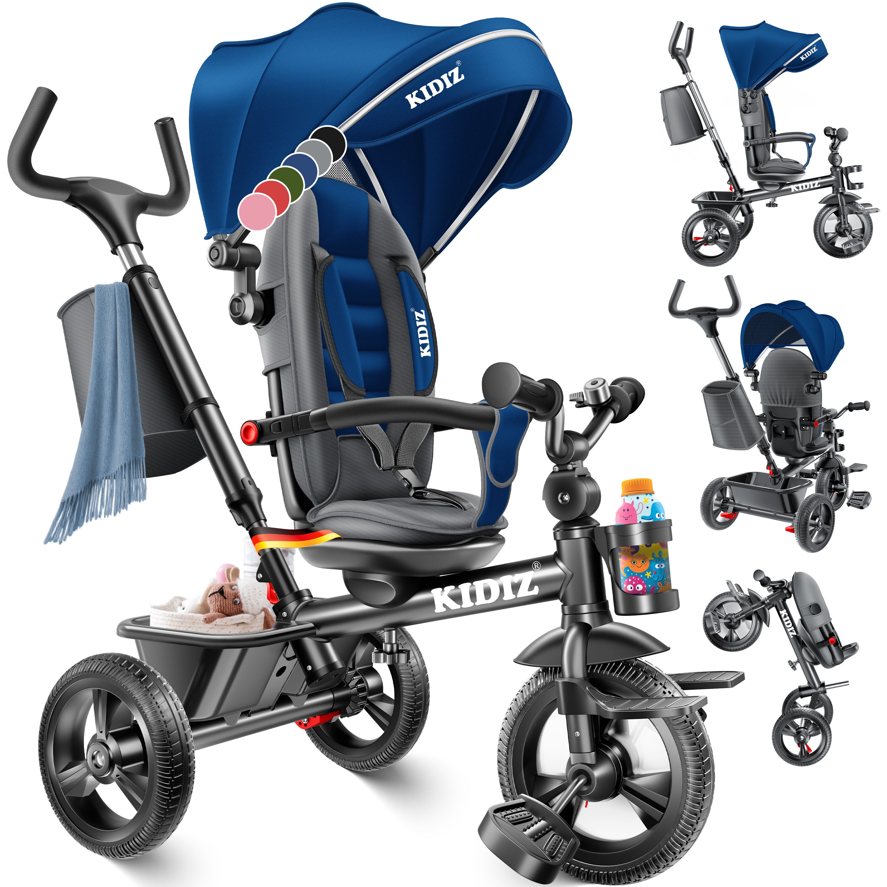 KIDIZ&reg; Dreirad 5in1 Kinderdreirad mit Schubstange Lenksystem Stange ab 1 Jahr vorw&auml;rts und R&uuml;ckw&auml;rtsfahrt Jogger ,  Korb Tasche Getr&auml;nkehalter Sonnendach Gummir&auml;der, Buggy Fahrrad Baby Klappbar 