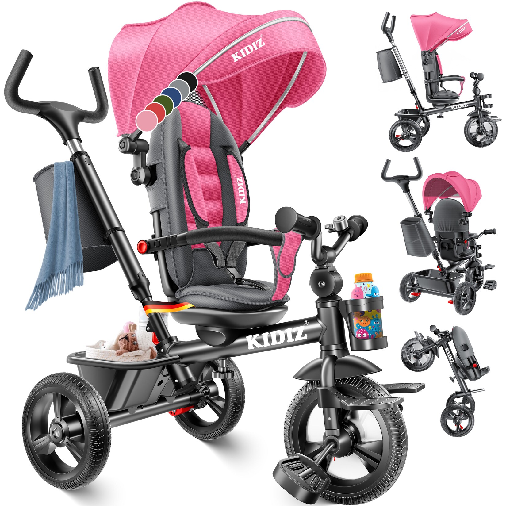 ® Dreirad 5in1 Kinderdreirad mit Schubstange Lenksystem Stange ab 1 Jahr vorwärts und Rückwärtsfahrt Jogger ,  Korb Tasche Getränkehalter Sonnendach Gummiräder, Buggy Fahrrad Baby Klappbar