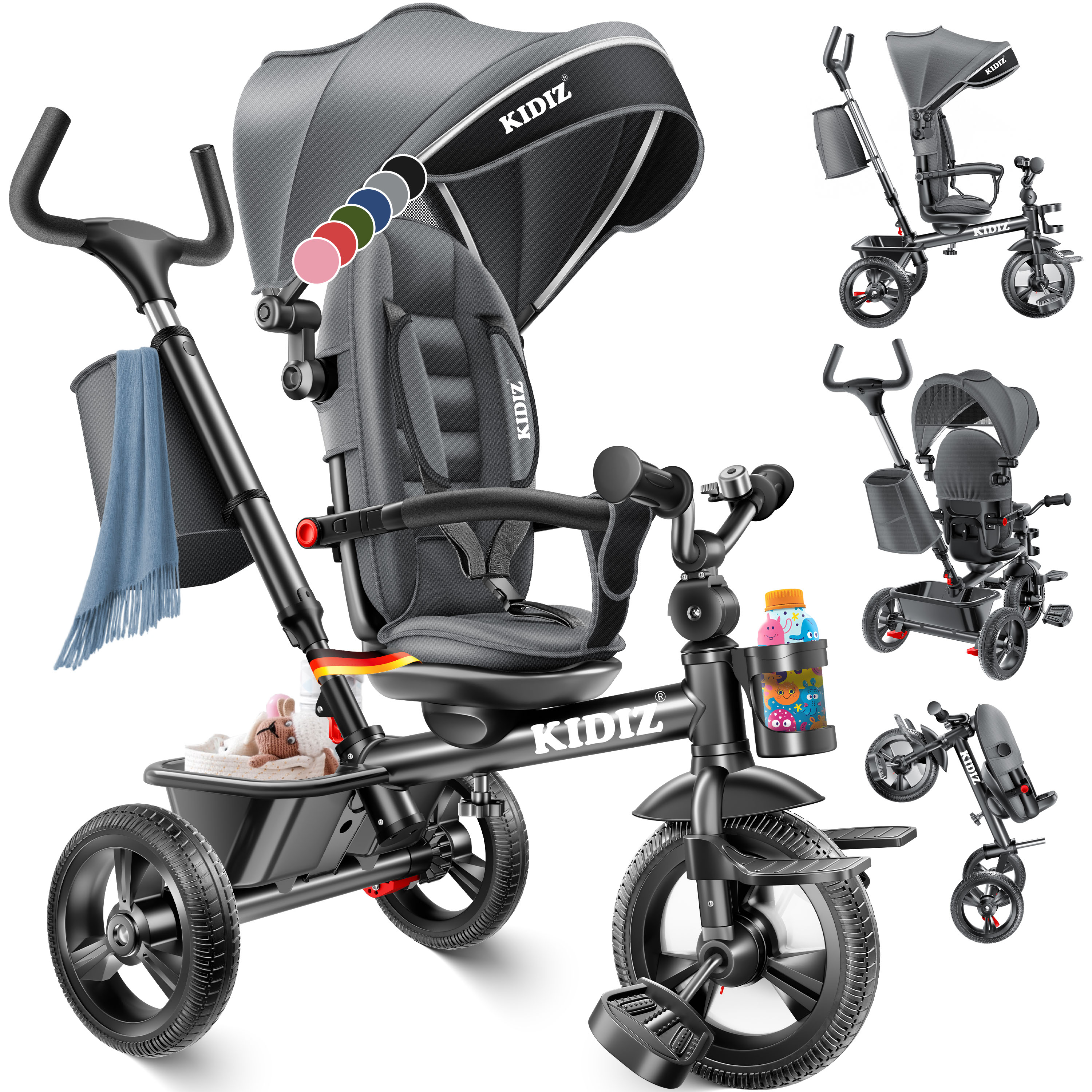 KIDIZ&reg; Dreirad 5in1 Kinderdreirad mit Schubstange Lenksystem Stange ab 1 Jahr vorw&auml;rts und R&uuml;ckw&auml;rtsfahrt Jogger ,  Korb Tasche Getr&auml;nkehalter Sonnendach Gummir&auml;der, Buggy Fahrrad Baby Klappbar 