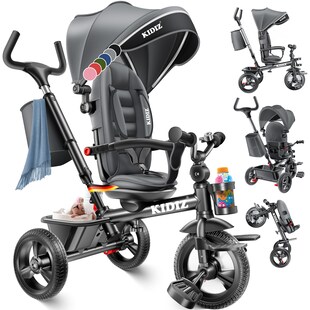 KIDIZ® Dreirad 5in1 Kinderdreirad mit Schubstange Lenksystem Stange ab 1 Jahr vorwärts und Rückwärtsfahrt Jogger ,  Korb Tasche Getränkehalter Sonnendach Gummiräder, Buggy Fahrrad Baby Klappbar 