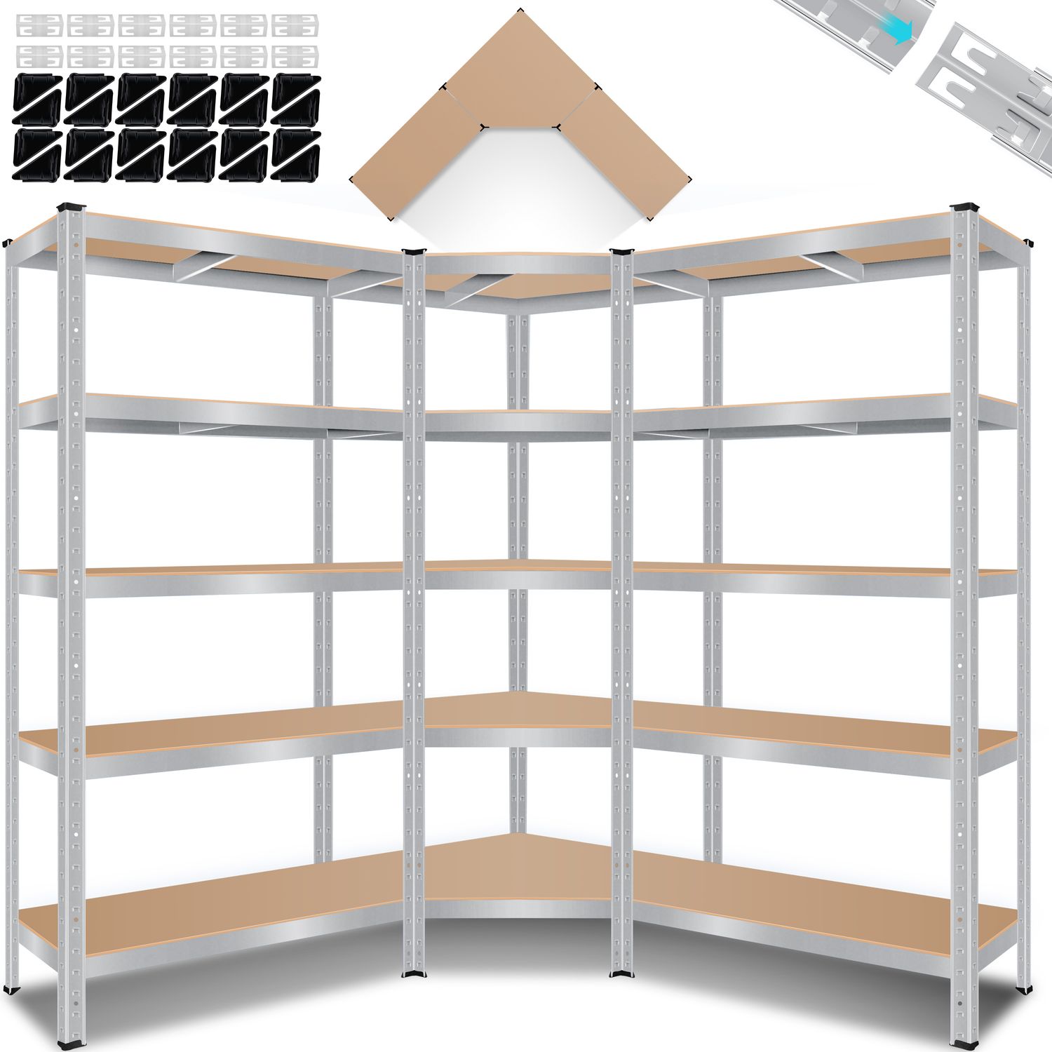 MASKO&reg; 3er Set Metall Regalsystem Lagerregal 1 Eckregal & 2 Lagerregale 15 B&ouml;den MDF-Platten Regal 2625 kg Werkstattregal Kellerrregal Garage Schwerlastregal Steckregal MDF-Platten 