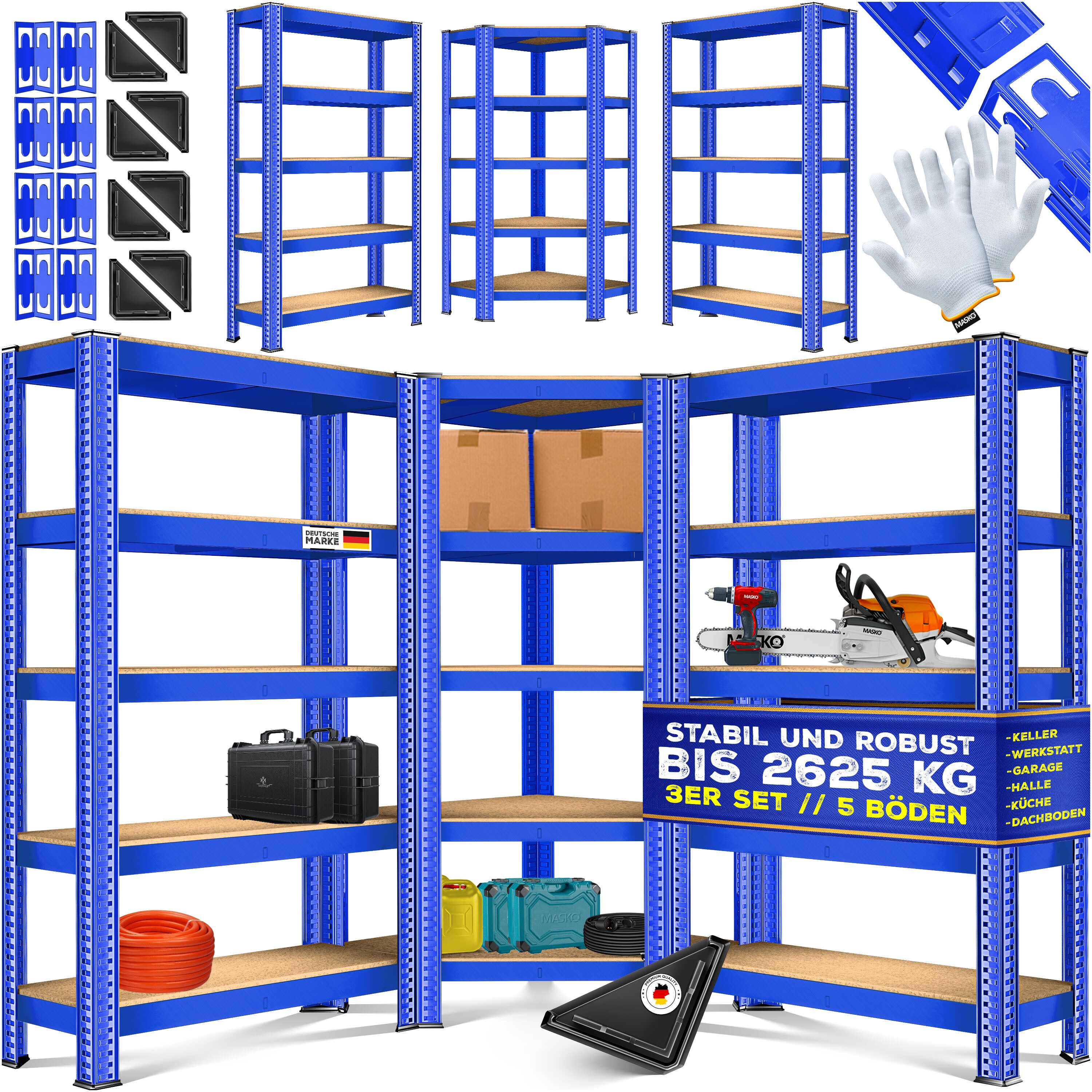 MASKO&reg; 3er Set Metall Regalsystem Lagerregal 1 Eckregal & 2 Lagerregale 15 B&ouml;den MDF-Platten Regal 2625 kg Werkstattregal Kellerrregal Garage Schwerlastregal Steckregal MDF-Platten 