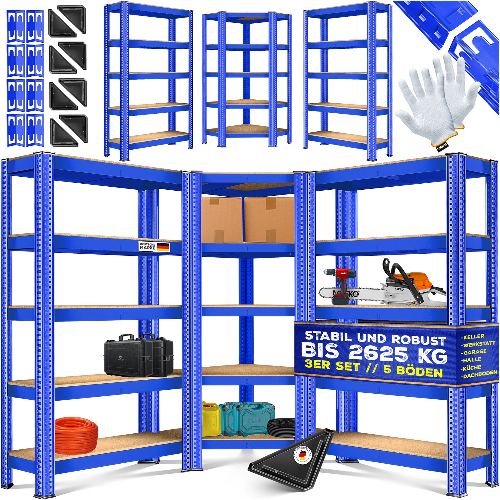 ® 3er Set Metall Regalsystem Lagerregal 1 Eckregal & 2 Lagerregale 15 Böden MDF-Platten Regal  Werkstattregal Kellerrregal Garage Schwerlastregal Steckregal MDF-Platten