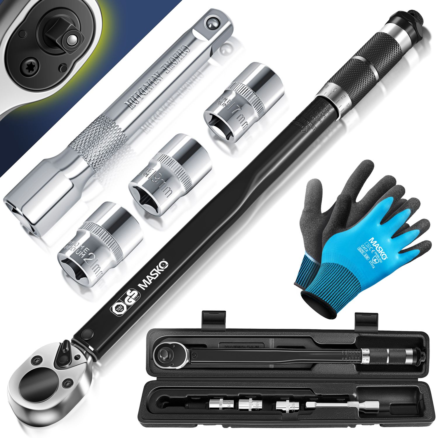 MASKO&reg; Drehmomentschl&uuml;ssel 6tlg. Set 40-210Nm 1/2 ' CV inkl. 3 Steckn&uuml;ssen 17mm, 19mm, 21mm  und Verl&auml;ngerung 125mm  inkl. Koffer +/- 4% Toleranz  Reifenschl&uuml;ssel Auto Drehmoment-Schl&uuml;ssel 