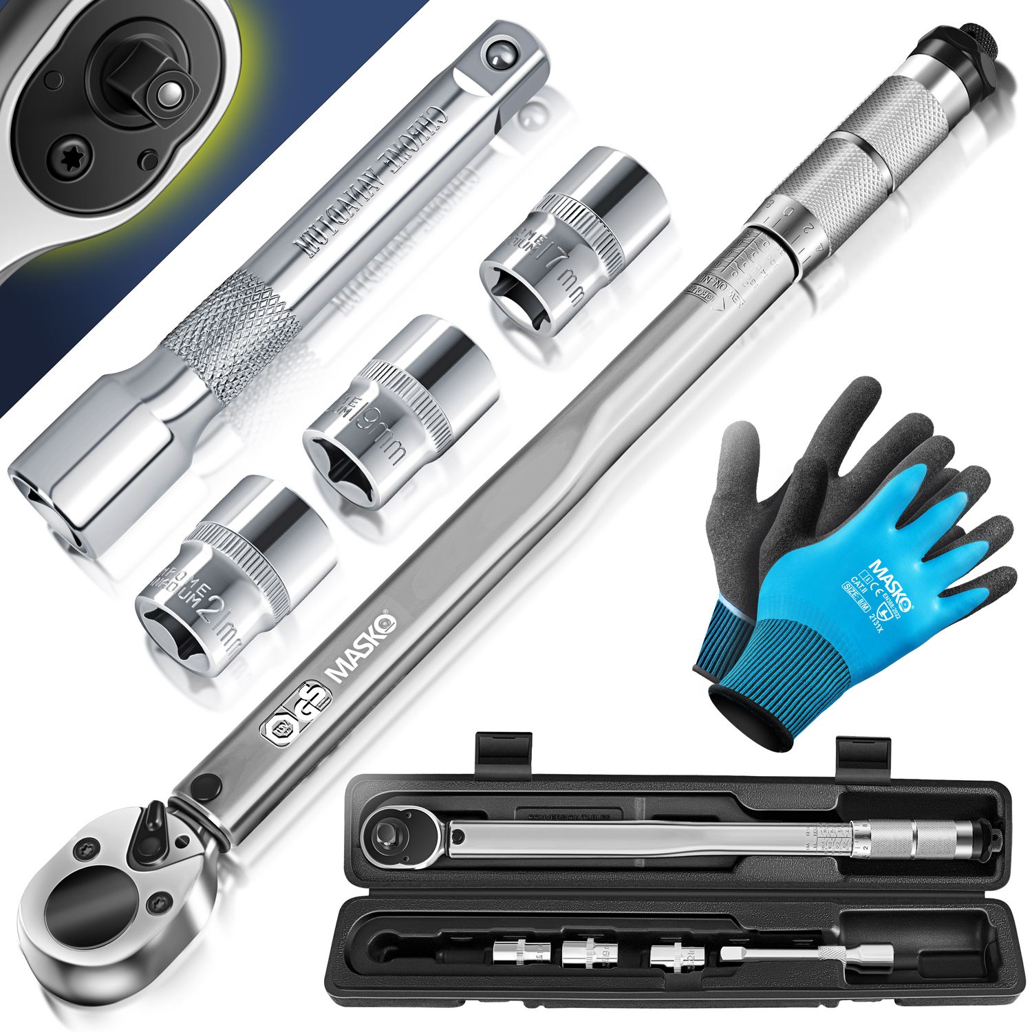 MASKO&reg; Drehmomentschl&uuml;ssel 6tlg. Set 40-210Nm 1/2 ' CV inkl. 3 Steckn&uuml;ssen 17mm, 19mm, 21mm  und Verl&auml;ngerung 125mm  inkl. Koffer +/- 4% Toleranz  Reifenschl&uuml;ssel Auto Drehmoment-Schl&uuml;ssel 