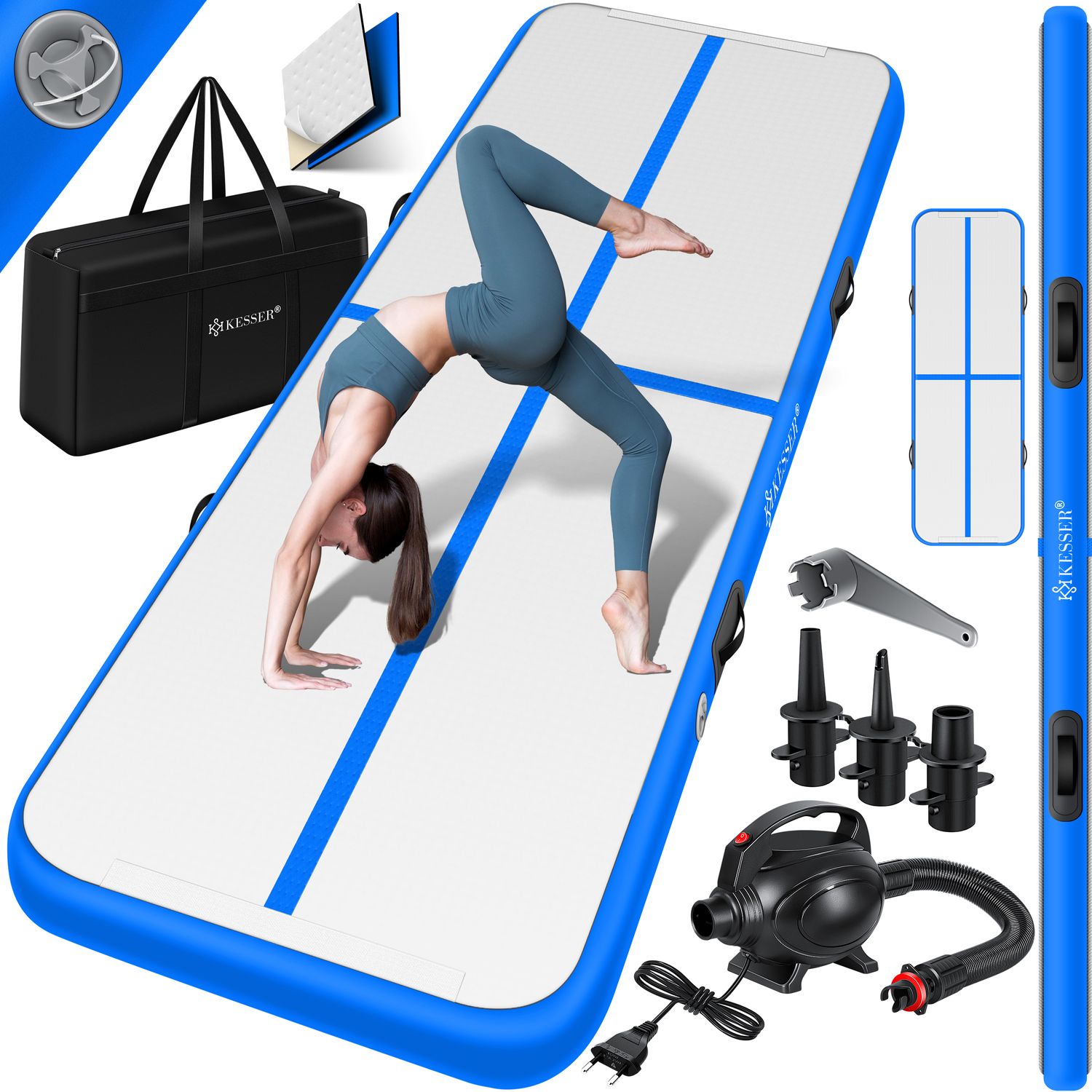 KESSER&reg; Turnmatte Aufblasbar Airtrack 2m/3m/4m/5m/6m Fitness-Matte Gymnastikmatte | inkl. Tragetasche & elektr. Luftpumpe | Yogamatte, Tumbling Matten, Trainingsmatte, Turn- & Fitness 