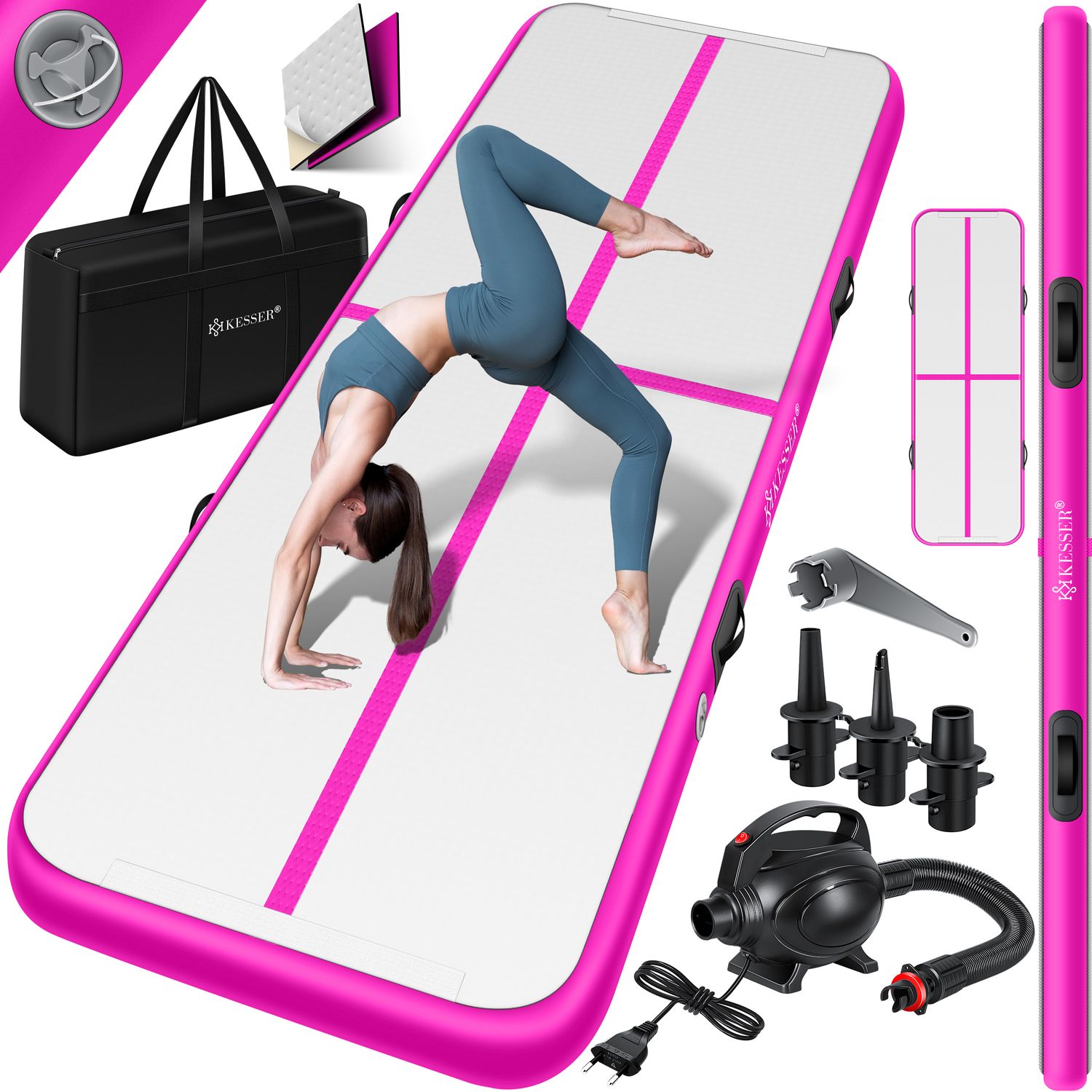 KESSER&reg; Turnmatte Aufblasbar Airtrack 2m/3m/4m/5m/6m Fitness-Matte Gymnastikmatte | inkl. Tragetasche & elektr. Luftpumpe | Yogamatte, Tumbling Matten, Trainingsmatte, Turn- & Fitness 