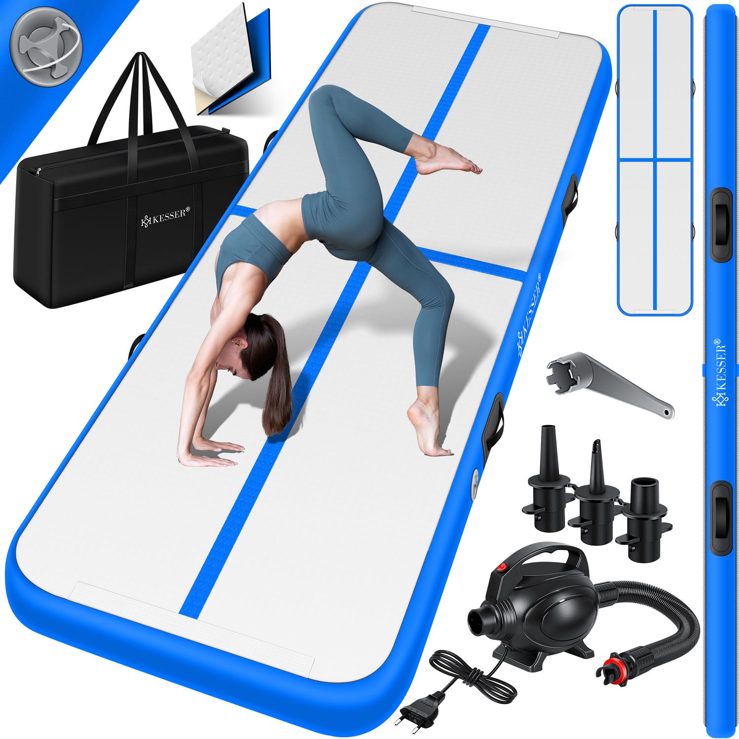KESSER&reg; Turnmatte Aufblasbar Airtrack 2m/3m/4m/5m/6m Fitness-Matte Gymnastikmatte | inkl. Tragetasche & elektr. Luftpumpe | Yogamatte, Tumbling Matten, Trainingsmatte, Turn- & Fitness 