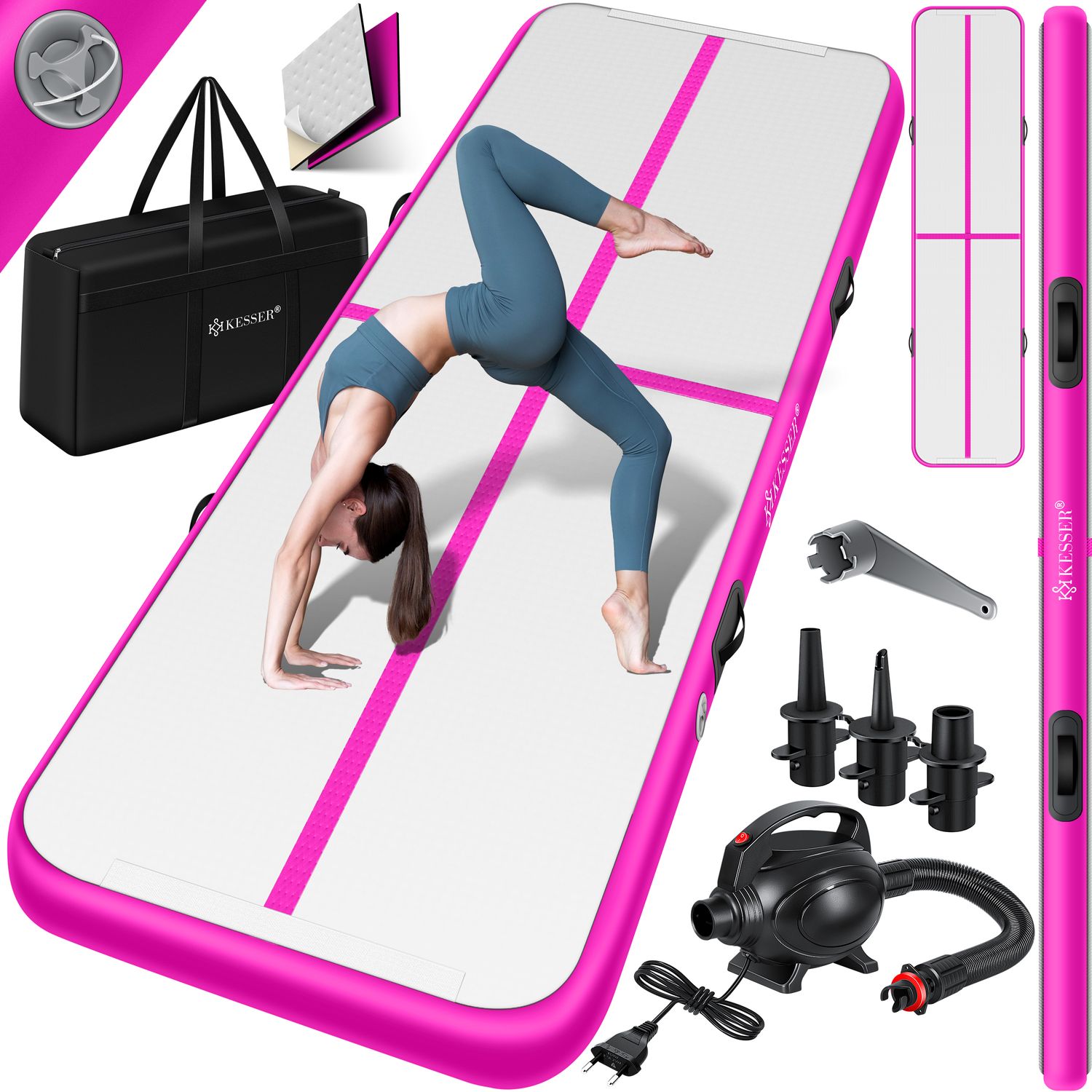 KESSER&reg; Turnmatte Aufblasbar Airtrack 2m/3m/4m/5m/6m Fitness-Matte Gymnastikmatte | inkl. Tragetasche & elektr. Luftpumpe | Yogamatte, Tumbling Matten, Trainingsmatte, Turn- & Fitness 
