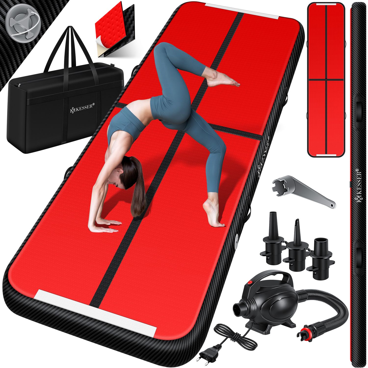 KESSER&reg; Turnmatte Aufblasbar Airtrack 2m/3m/4m/5m/6m Fitness-Matte Gymnastikmatte | inkl. Tragetasche & elektr. Luftpumpe | Yogamatte, Tumbling Matten, Trainingsmatte, Turn- & Fitness 