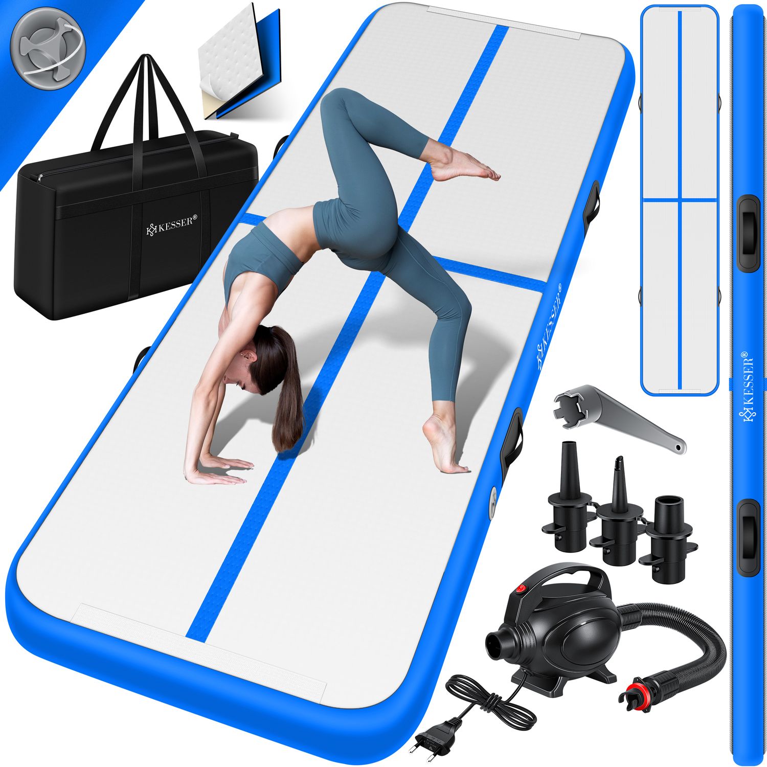 KESSER&reg; Turnmatte Aufblasbar Airtrack 2m/3m/4m/5m/6m Fitness-Matte Gymnastikmatte | inkl. Tragetasche & elektr. Luftpumpe | Yogamatte, Tumbling Matten, Trainingsmatte, Turn- & Fitness 