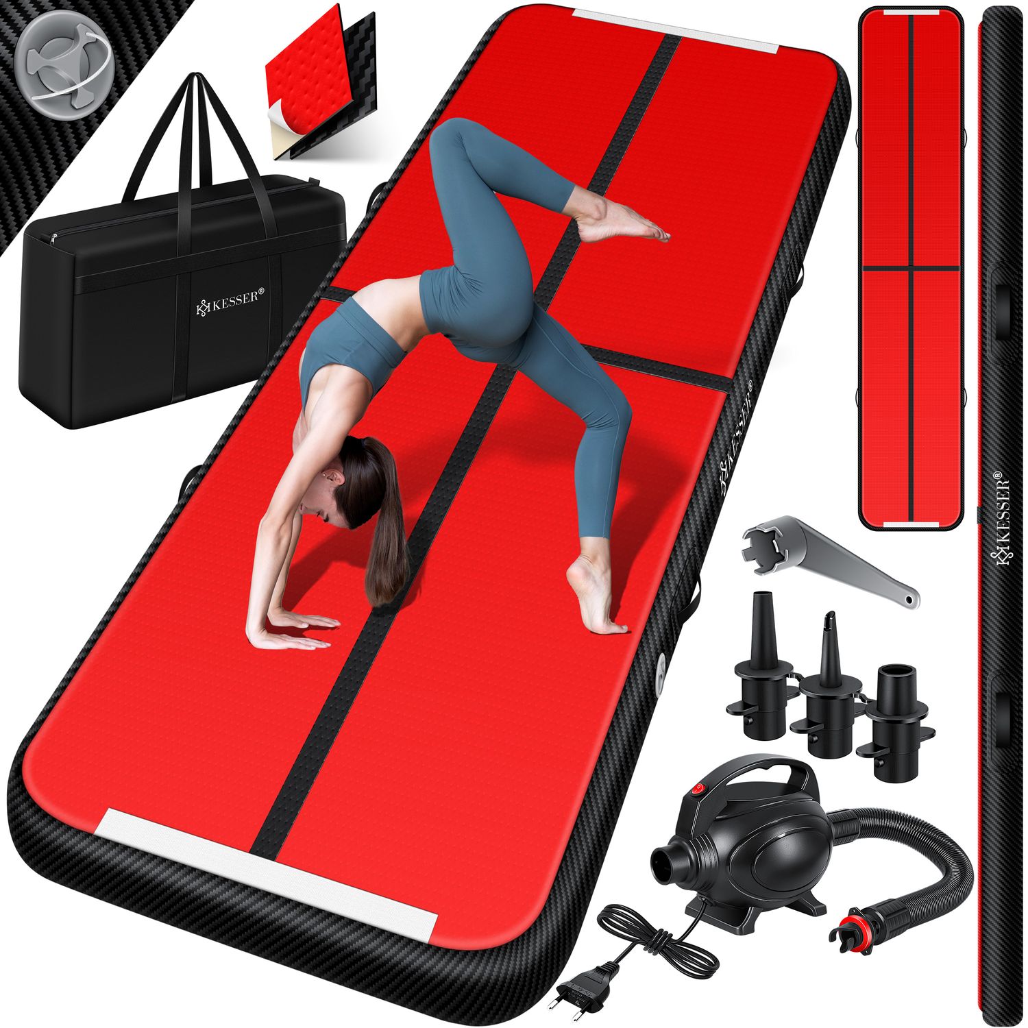 KESSER&reg; Turnmatte Aufblasbar Airtrack 2m/3m/4m/5m/6m Fitness-Matte Gymnastikmatte | inkl. Tragetasche & elektr. Luftpumpe | Yogamatte, Tumbling Matten, Trainingsmatte, Turn- & Fitness 