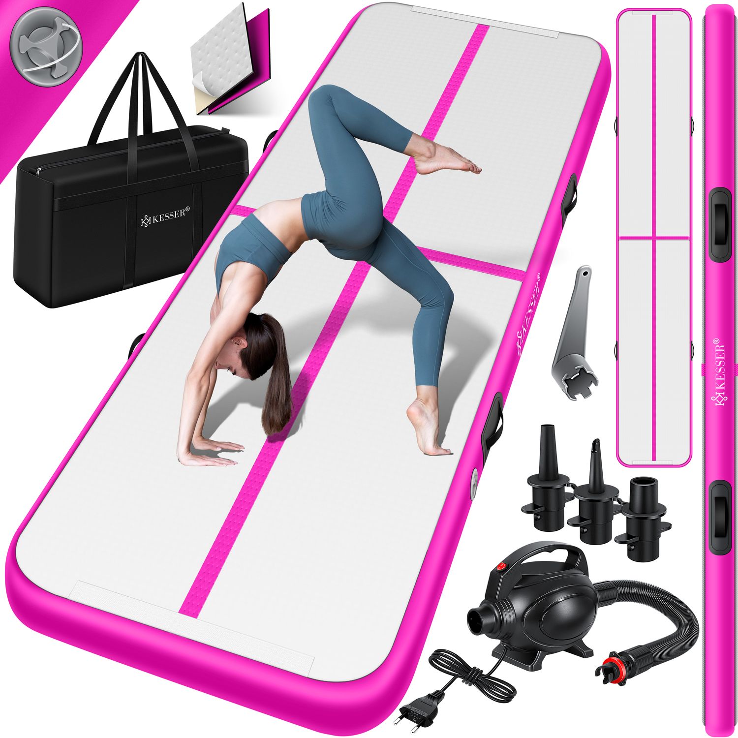 KESSER&reg; Turnmatte Aufblasbar Airtrack 2m/3m/4m/5m/6m Fitness-Matte Gymnastikmatte | inkl. Tragetasche & elektr. Luftpumpe | Yogamatte, Tumbling Matten, Trainingsmatte, Turn- & Fitness 