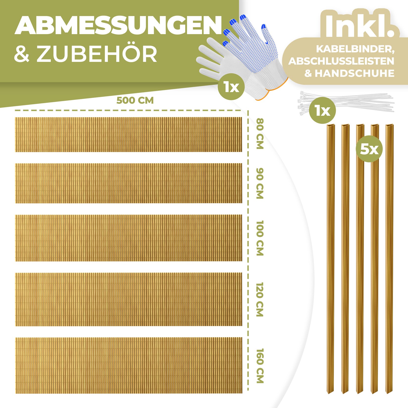 ® PVC Sichtschutzmatte Sichtschutzzaun Balkonverkleidung Windschutz verstärkte Lamellen für Garten Balkon & Terrasse Balkonumrandung inkl Kabelbindern, Abdeckung & Handschuhe
