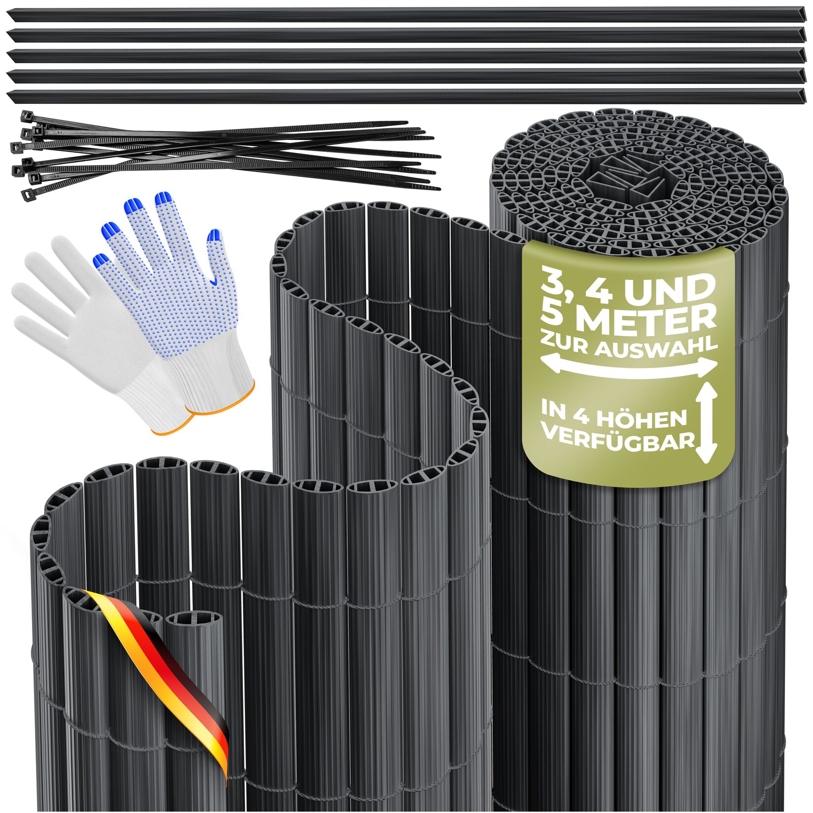 ® PVC Sichtschutzmatte Sichtschutzzaun Balkonverkleidung Windschutz verstärkte Lamellen für Garten Balkon & Terrasse Balkonumrandung inkl Kabelbindern, Abdeckung & Handschuhe