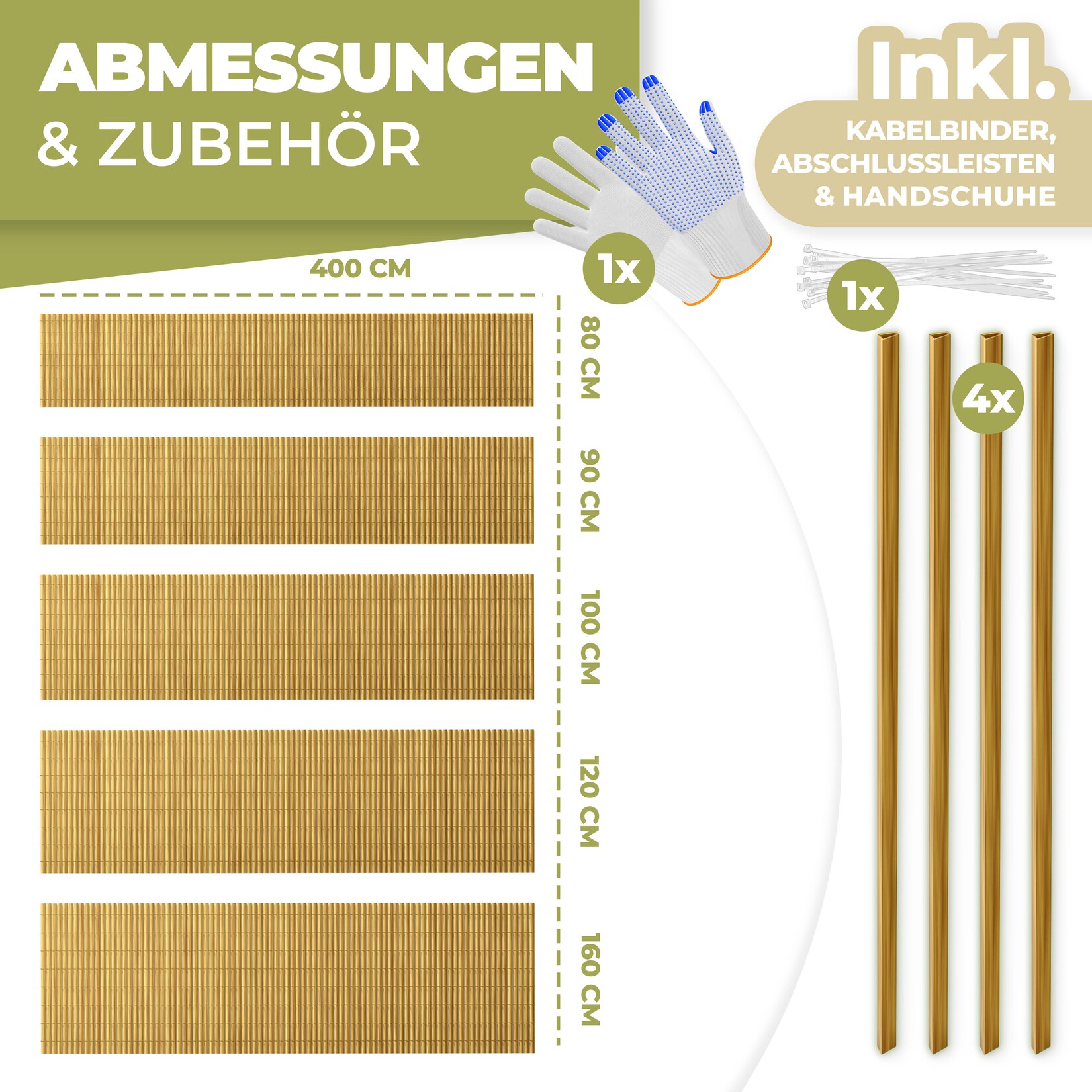 ® PVC Sichtschutzmatte Sichtschutzzaun Balkonverkleidung Windschutz verstärkte Lamellen für Garten Balkon & Terrasse Balkonumrandung inkl Kabelbindern, Abdeckung & Handschuhe