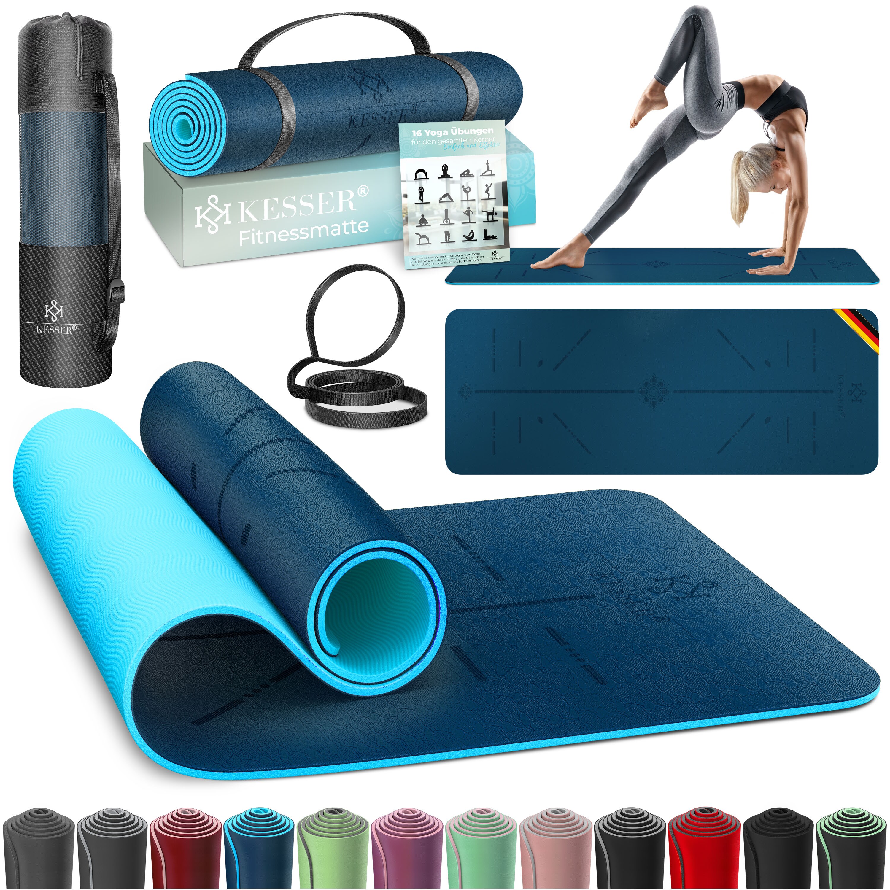 KESSER&reg; Gymnastikmatte mit Tragegurt rutschfest TPE Yogamatte Gepolstert & rutschfest Fitnessmatte , 183 x 61  Trainingsmatte f&uuml;r Fitness Sportmatte, Pilates & Gymnastik Workout extradick 