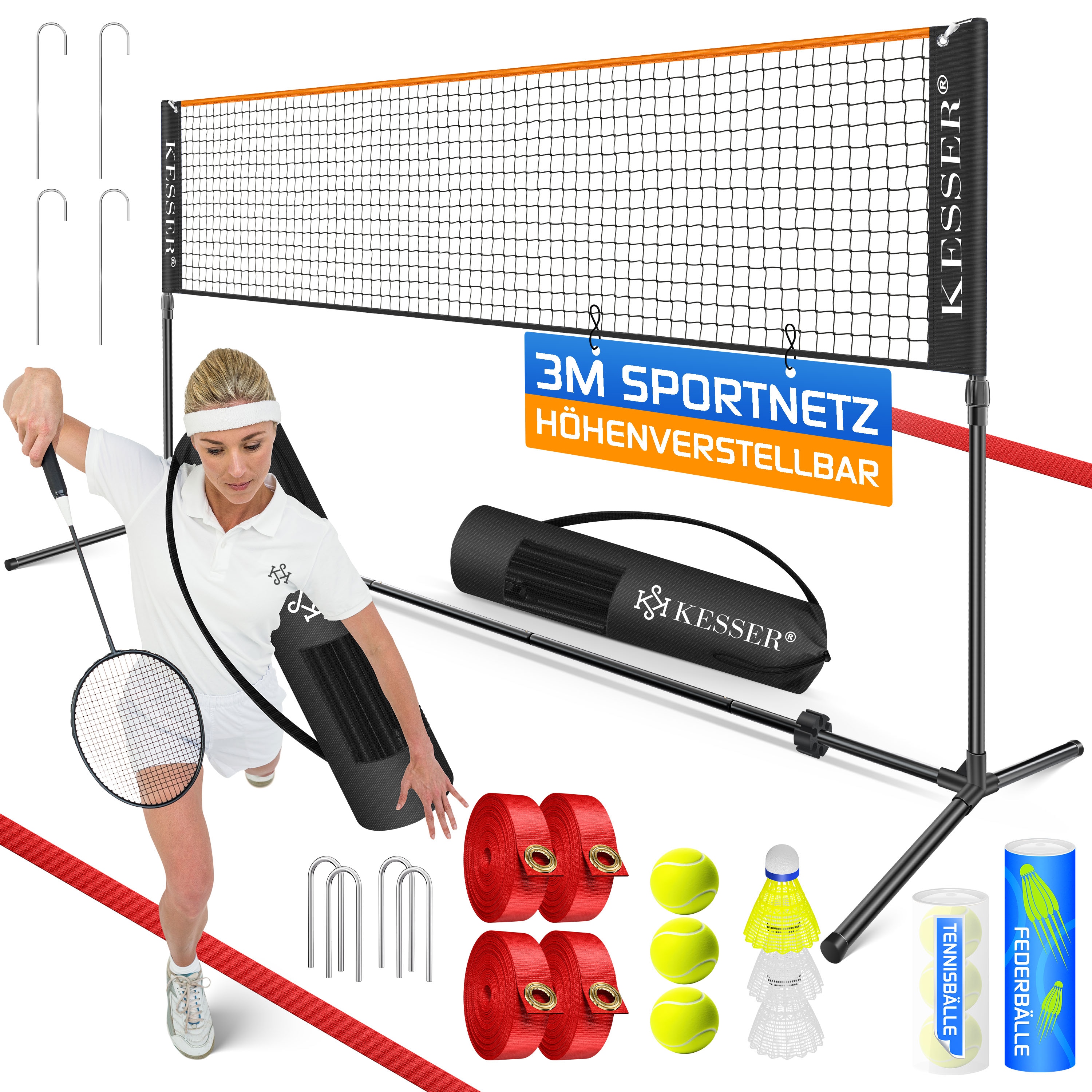 KESSER&reg; Badmintonnetz, Tennisnetz | 300cm | 400cm | 500 cm | Federballnetz 3-Fach-H&ouml;henverstellbar, Set bestehend aus Netz, 3x Feder- & Tennisball, stabilem Eisen-Gestell, Transporttasche, Indoor & Outdoor 