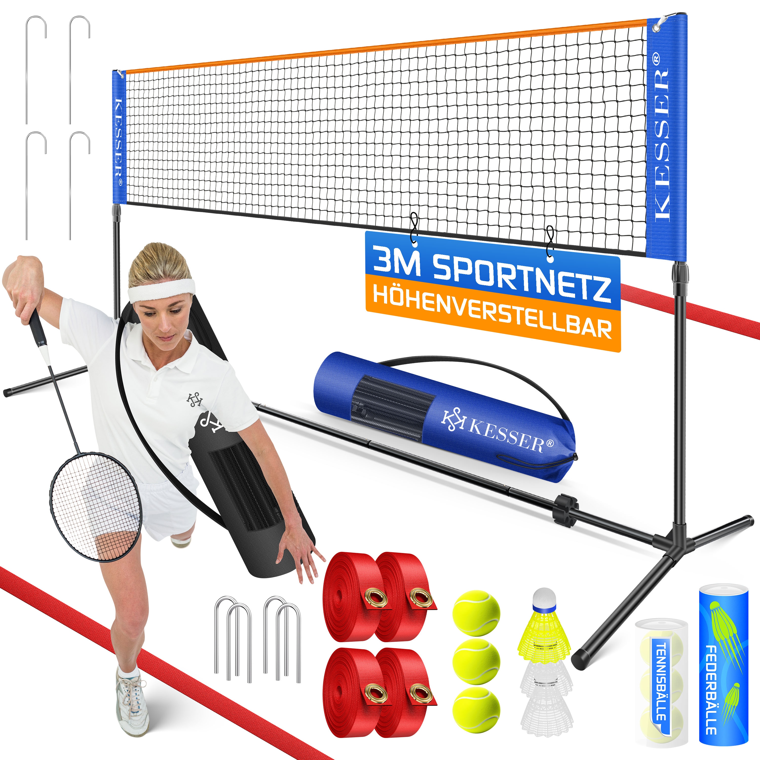KESSER&reg; Badmintonnetz, Tennisnetz | 300cm | 400cm | 500 cm | Federballnetz 3-Fach-H&ouml;henverstellbar, Set bestehend aus Netz, 3x Feder- & Tennisball, stabilem Eisen-Gestell, Transporttasche, Indoor & Outdoor 