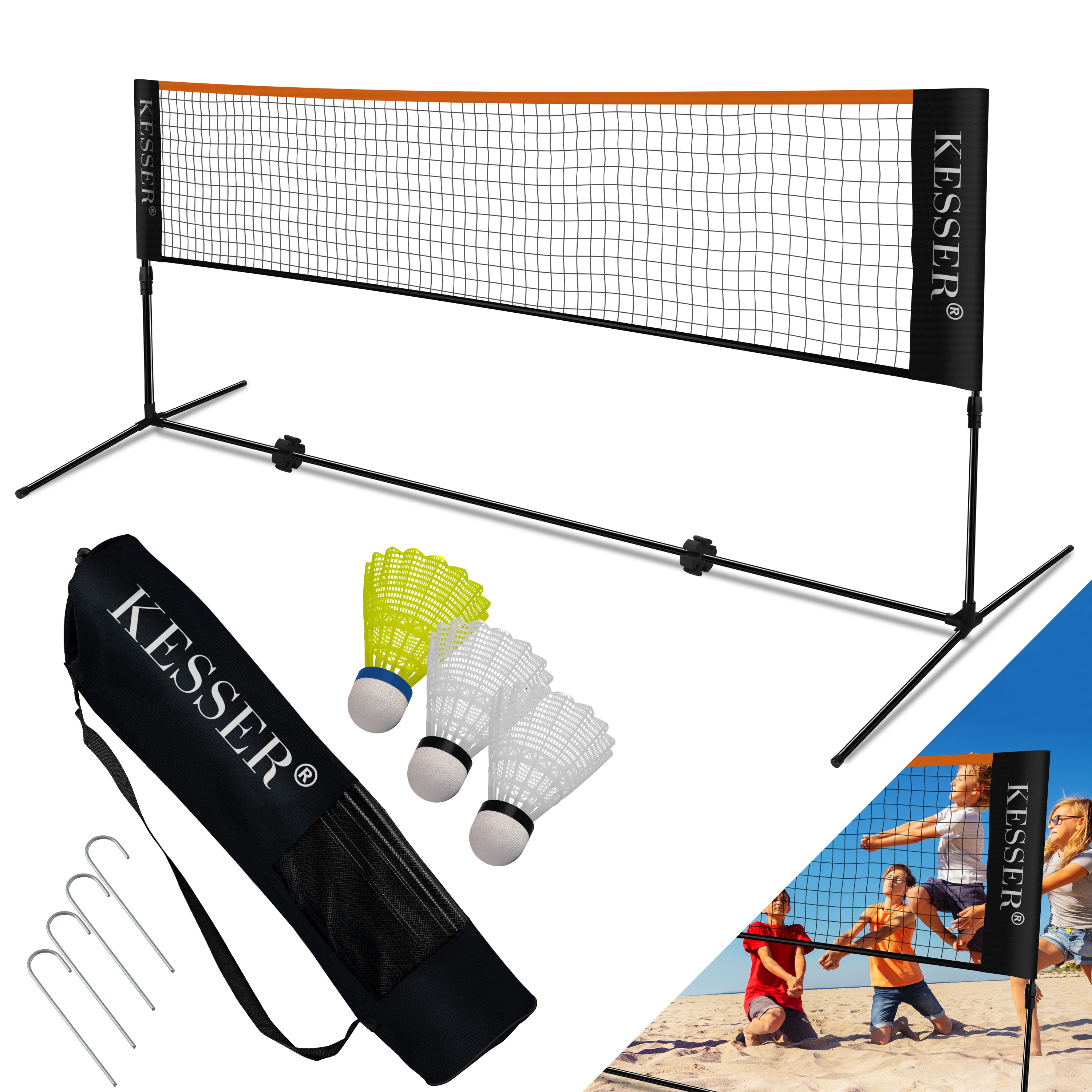 KESSER&reg; Badmintonnetz, Tennisnetz | 300cm | 400cm | 500 cm | Federballnetz 3-Fach-H&ouml;henverstellbar, Set bestehend aus Netz, 3x Feder- & Tennisball, stabilem Eisen-Gestell, Transporttasche, Indoor & Outdoor 