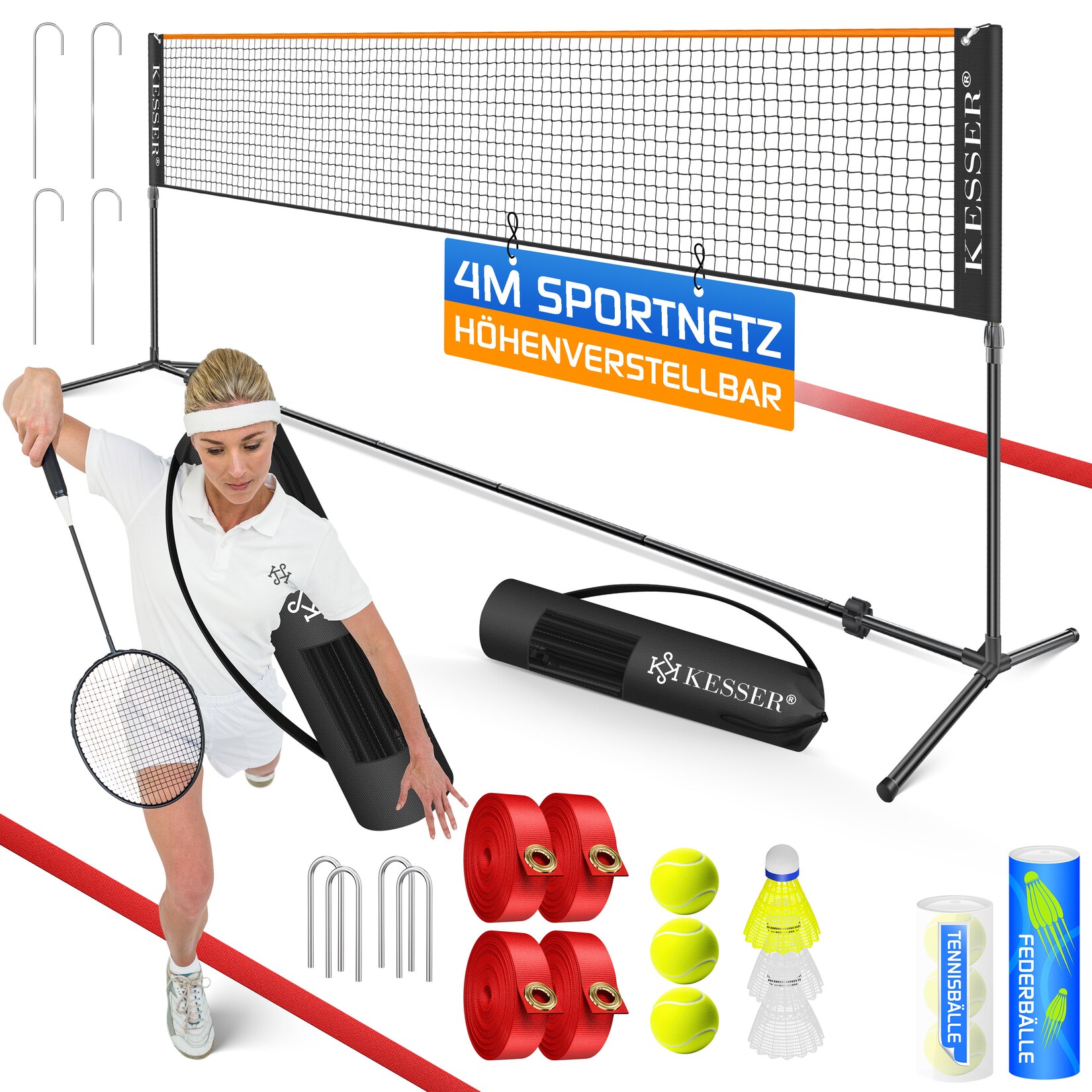 ® Badmintonnetz, Tennisnetz   300cm   400cm   500 cm   Federballnetz 3-Fach-Höhenverstellbar, Set bestehend aus Netz, 3x Feder- & Tennisball, stabilem Eisen-Gestell, Transporttasche, Indoor & Outdoor