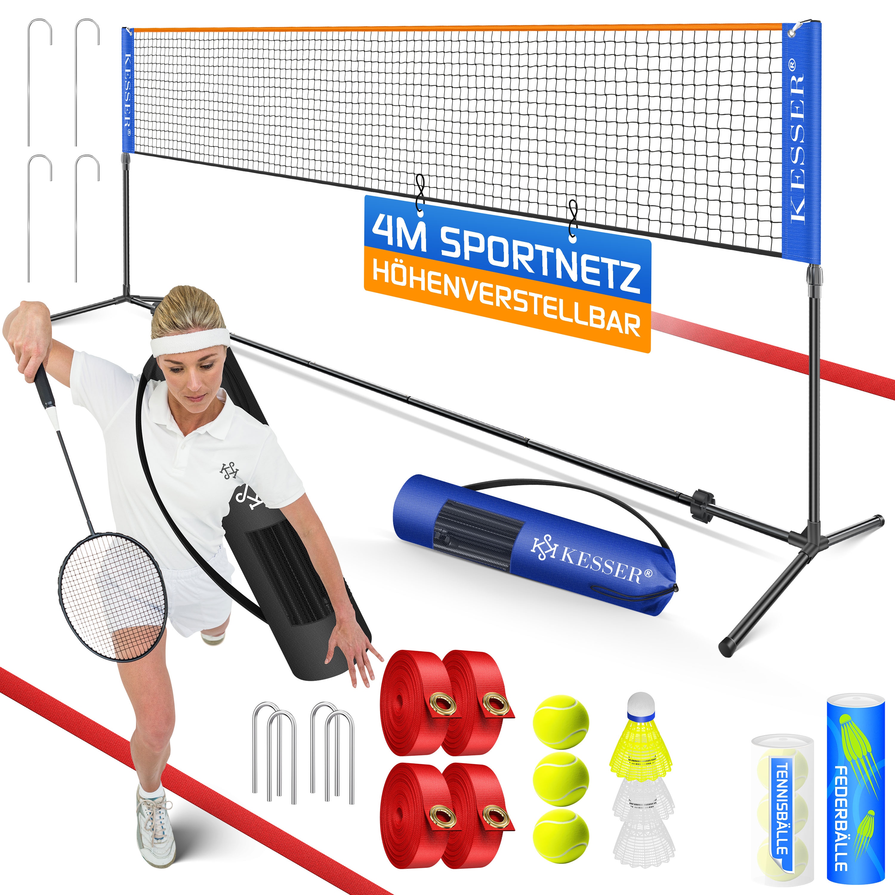 KESSER&reg; Badmintonnetz, Tennisnetz | 300cm | 400cm | 500 cm | Federballnetz 3-Fach-H&ouml;henverstellbar, Set bestehend aus Netz, 3x Feder- & Tennisball, stabilem Eisen-Gestell, Transporttasche, Indoor & Outdoor 