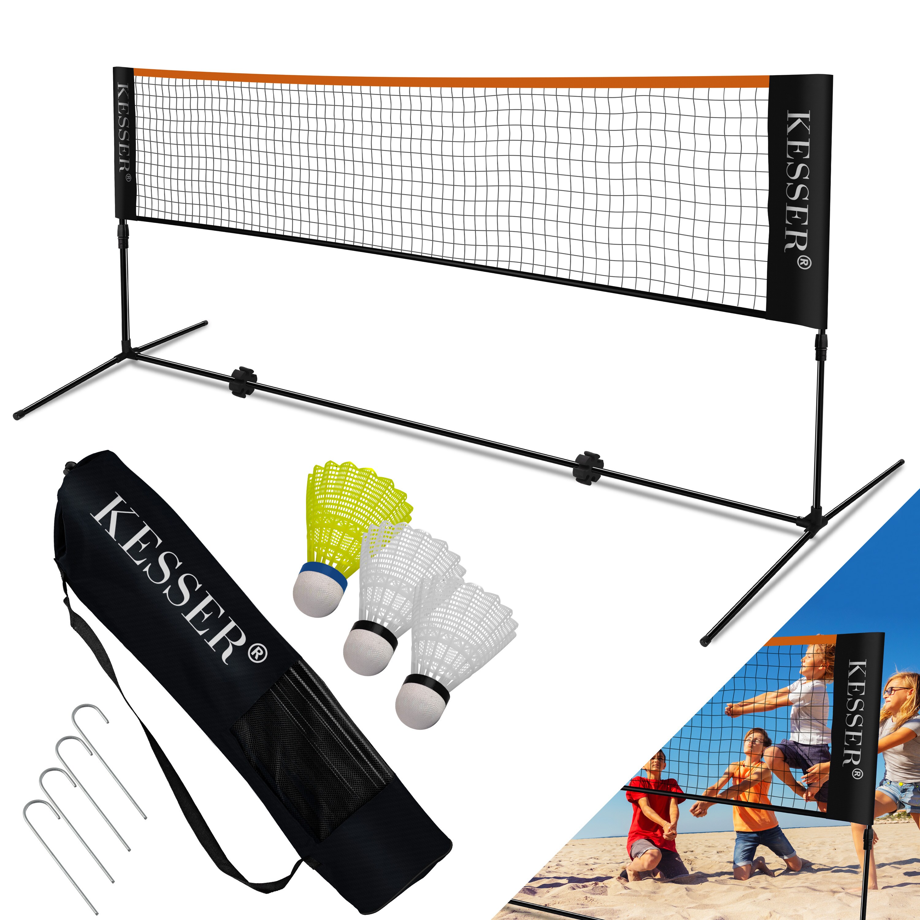 KESSER&reg; Badmintonnetz, Tennisnetz | 300cm | 400cm | 500 cm | Federballnetz 3-Fach-H&ouml;henverstellbar, Set bestehend aus Netz, 3x Feder- & Tennisball, stabilem Eisen-Gestell, Transporttasche, Indoor & Outdoor 