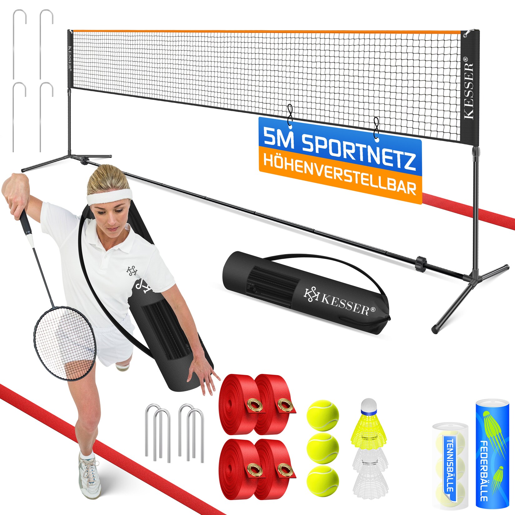 ® Badmintonnetz, Tennisnetz   300cm   400cm   500 cm   Federballnetz 3-Fach-Höhenverstellbar, Set bestehend aus Netz, 3x Feder- & Tennisball, stabilem Eisen-Gestell, Transporttasche, Indoor & Outdoor