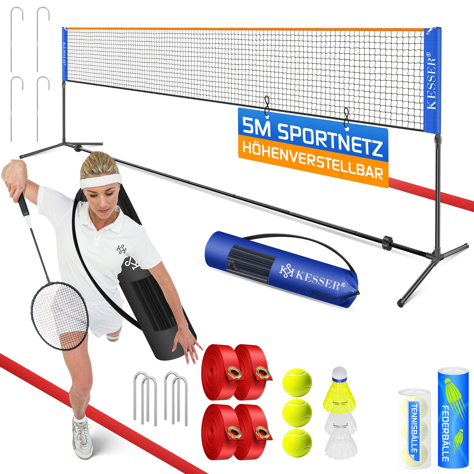® Badmintonnetz, Tennisnetz   300cm   400cm   500 cm   Federballnetz 3-Fach-Höhenverstellbar, Set bestehend aus Netz, 3x Feder- & Tennisball, stabilem Eisen-Gestell, Transporttasche, Indoor & Outdoor