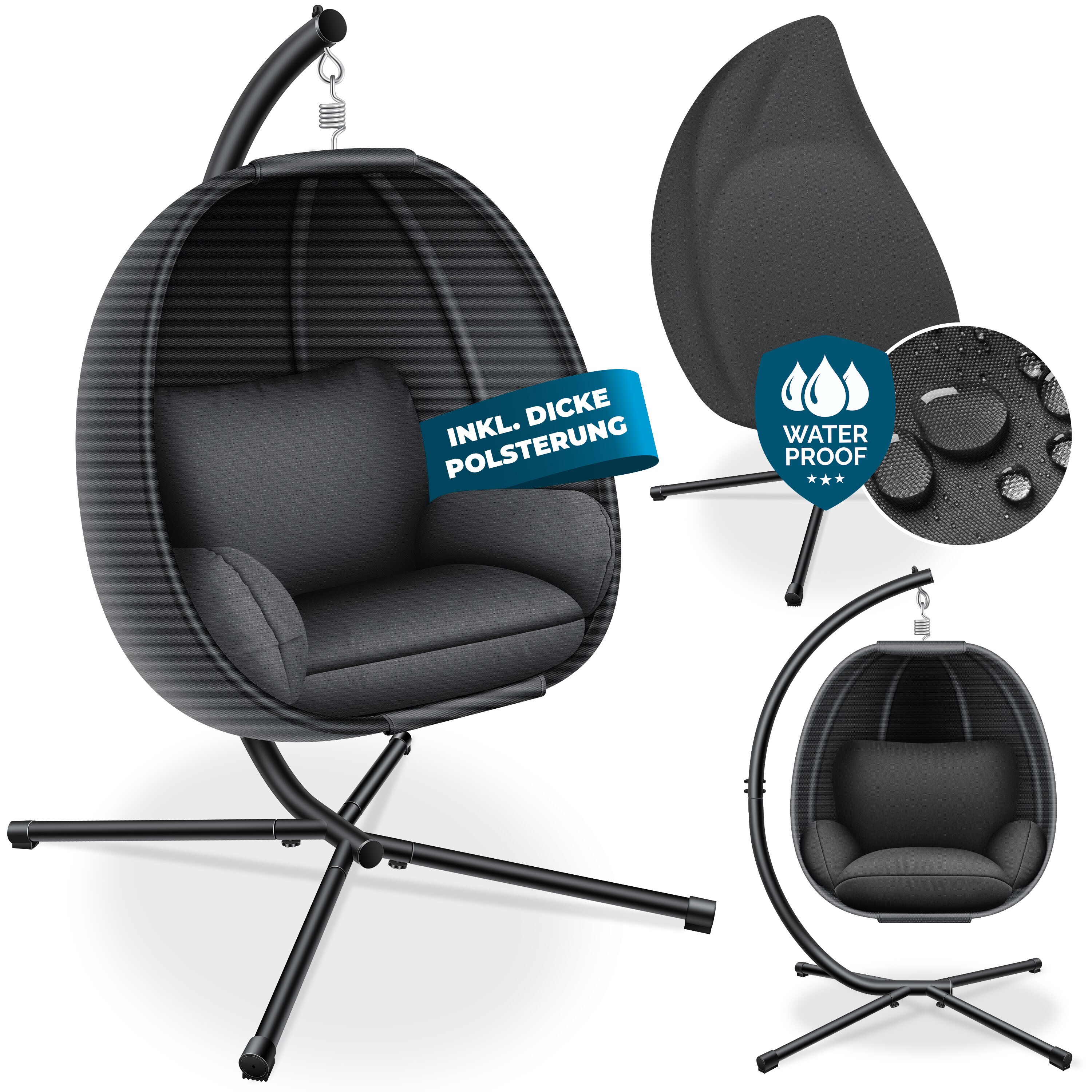 KESSER&reg; Luxe H&auml;ngesessel mit Gestell + weicher Sitzkissen, Seitenpolsterung, Sitz- und R&uuml;ckenkissen H&auml;ngekorb Indoor & Outdoor, Garten Schaukel Korb H&auml;ngestuhl Stabiler Standfu&szlig;, max. 150 kg 