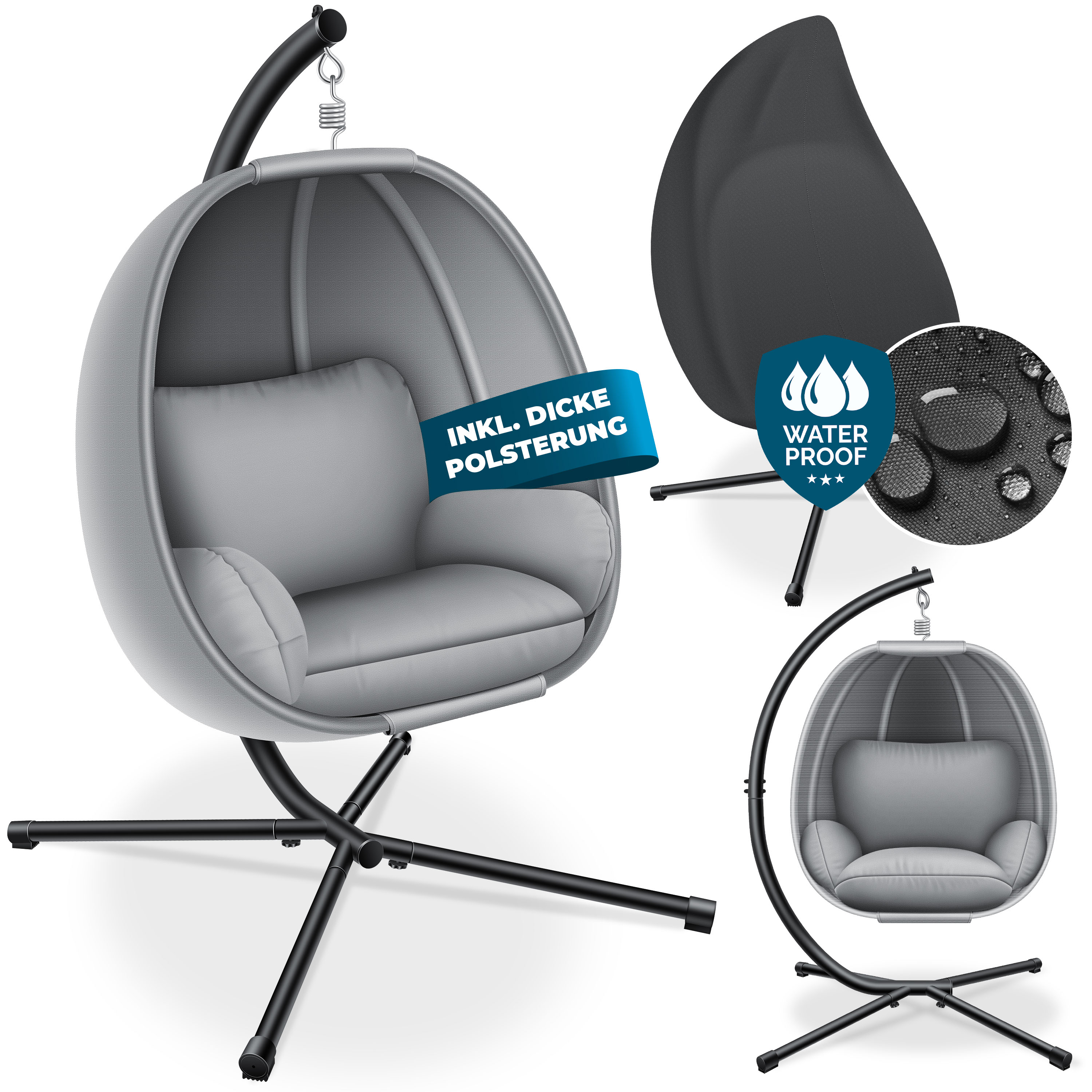 KESSER&reg; Luxe H&auml;ngesessel mit Gestell + weicher Sitzkissen, Seitenpolsterung, Sitz- und R&uuml;ckenkissen H&auml;ngekorb Indoor & Outdoor, Garten Schaukel Korb H&auml;ngestuhl Stabiler Standfu&szlig;, max. 150 kg 