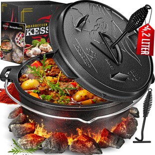 KESSER® Dutch Oven Set BBQ Feuertopf Schmortopf, Gusseisen Topf mit Deckelheber Henkel und Schlitz für Themormeter, kochkessel Grilltopf Gulaschkessel für Oudoor & Indoor 