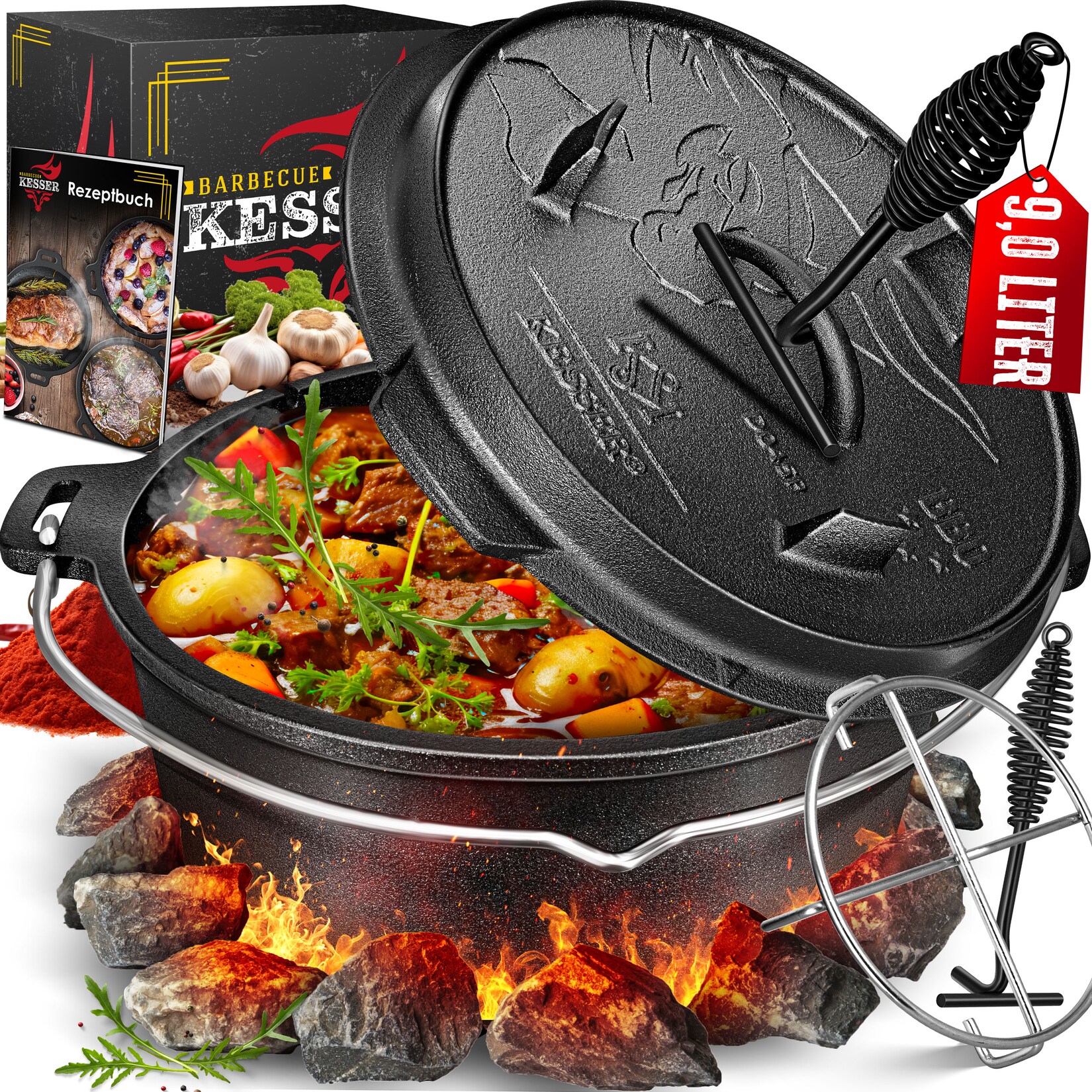 ® Dutch Oven Set BBQ Feuertopf Schmortopf, Gusseisen Topf mit Deckelheber Henkel und Schlitz für Themormeter, kochkessel Grilltopf Gulaschkessel für Oudoor & Indoor