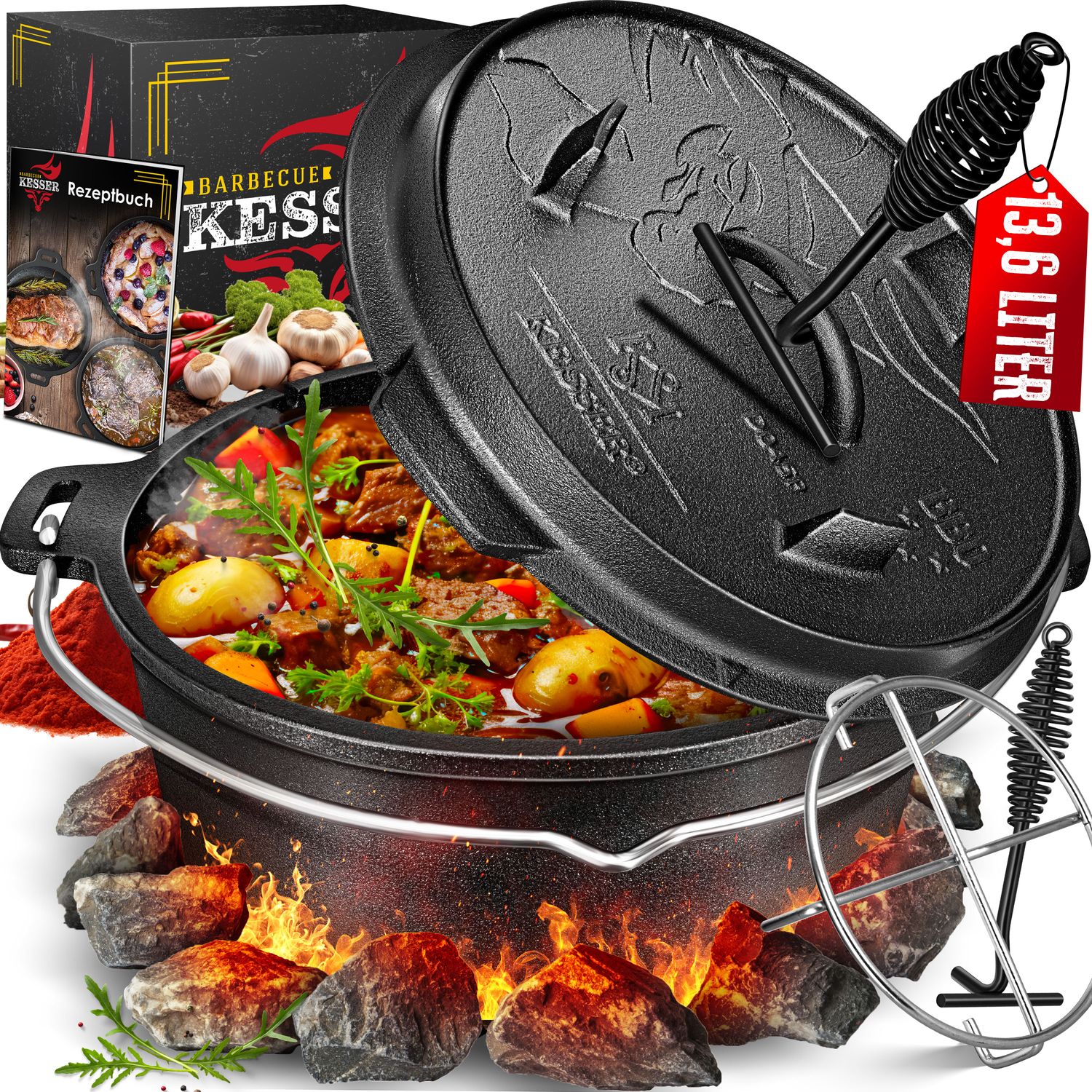 KESSER&reg; Dutch Oven Set BBQ Feuertopf Schmortopf, Gusseisen Topf mit Deckelheber Henkel und Schlitz f&uuml;r Themormeter, kochkessel Grilltopf Gulaschkessel f&uuml;r Oudoor & Indoor 