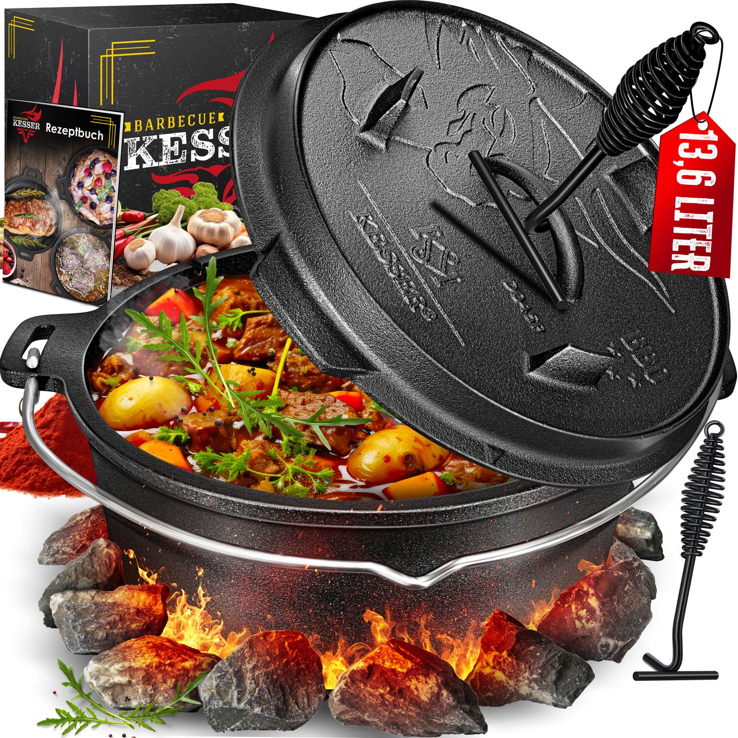 KESSER&reg; Dutch Oven Set BBQ Feuertopf Schmortopf, Gusseisen Topf mit Deckelheber Henkel und Schlitz f&uuml;r Themormeter, kochkessel Grilltopf Gulaschkessel f&uuml;r Oudoor & Indoor 