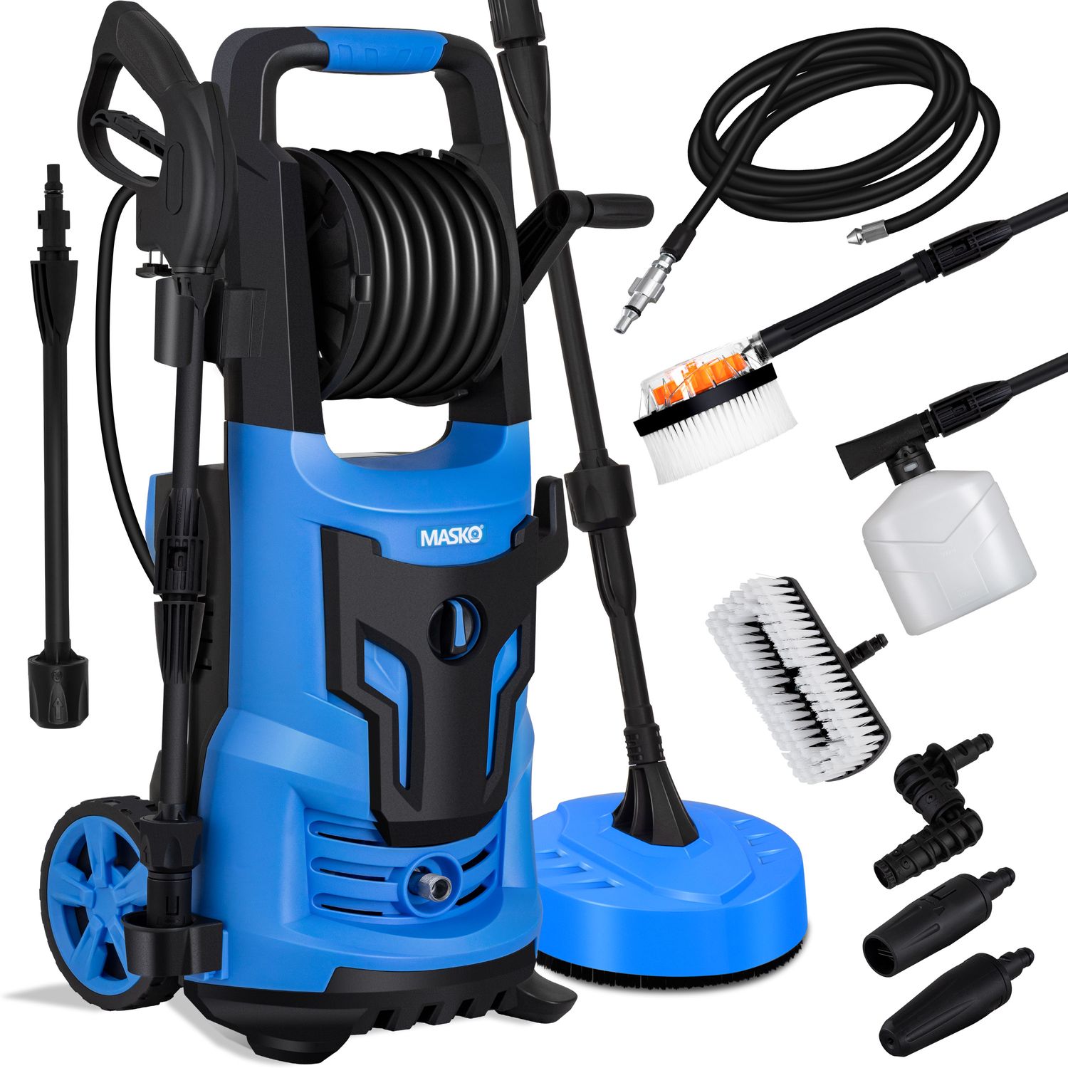 MASKO&reg; Hochdruckreiniger 2200 Watt 165 bar 450 l/h, mit Spule Schlauchtrommel 10m Schlauch 9 TLG Zubeh&ouml;r Set, mit Handschuhen, Seifenflasche, Schaumd&uuml;se, Hochdruckpistole f&uuml;r Autos/Z&auml;une/Garten/Patios 