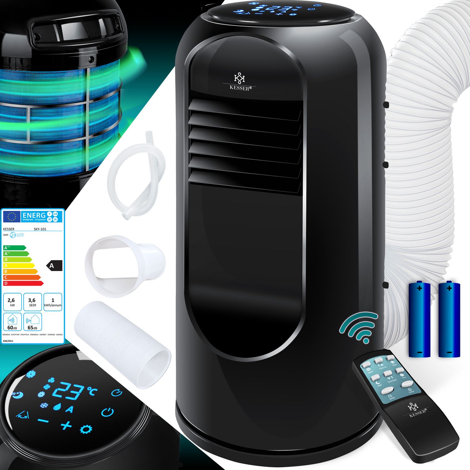 KESSER&reg; Klimaanlage Mobil Klimager&auml;t Sky Tower 4in1 k&uuml;hlen, Luftentfeuchter, l&uuml;ften, Ventilator - 9000 BTU/h (2.600 Watt) 2,7KW - Klima , Fernbedienung und Timer, Nachtmodus (EEK: A) 